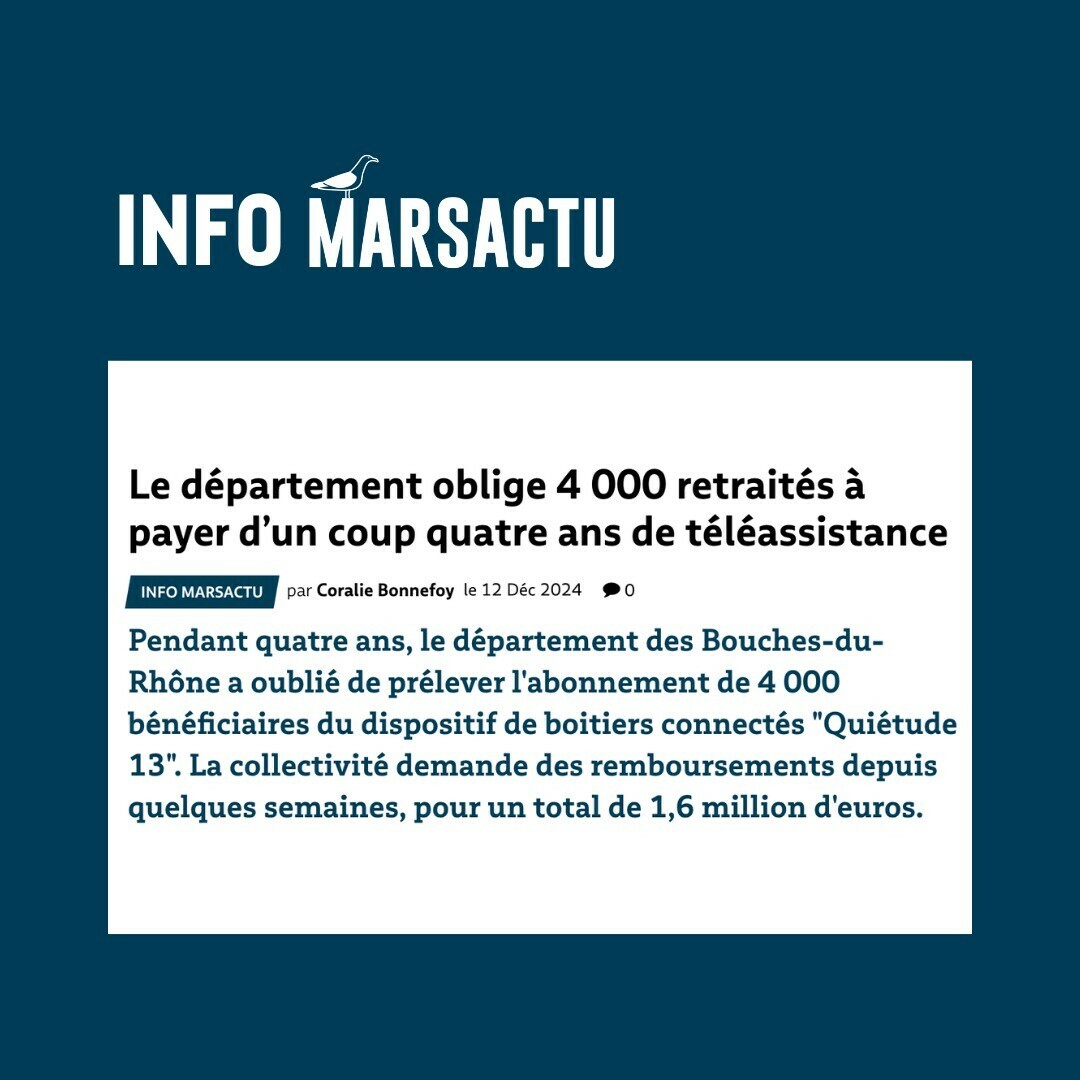 Marsactu (@marsactu) on Twitter photo 🔴 INFO MARSACTU - Le département oblige 4 000 retraités à payer d’un coup quatre ans de téléassistance
➡️ l.marsactu.fr/VC 
La collectivité demande des remboursements depuis quelques semaines, pour un total de 1,6 million d'euros. 🔴 INFO MARSACTU - Le département oblige 4 000 retraités à payer d’un coup quatre ans de téléassistance
➡️ l.marsactu.fr/VC 
La collectivité demande des remboursements depuis quelques semaines, pour un total de 1,6 million d'euros.