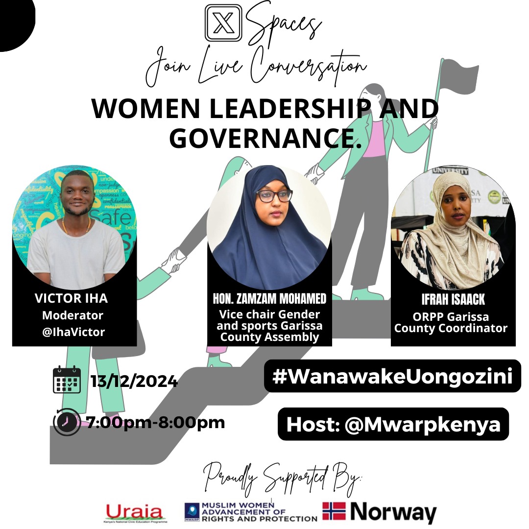 Victor Iha (KIMANI) (@ihavictor) on Twitter photo #WanawakeUongozini edition is here! Don't forget to join us tomorrow from 7 pm.
<a href="/YouthPresidentA/">Youth President001</a> <a href="/RahmaOda/">Rahma Oda</a> <a href="/x_shamsa_/">Shamsa Awadh</a> <a href="/Shamir2Edwine/">0️⃣0️⃣1️⃣ Activist 🇰🇪</a> <a href="/MagakMaureen/">Maureen Magak</a> <a href="/ObieroAtiang/">Otieno Obiero</a> <a href="/lucas_fondo/">Lucas kalama fondo</a> <a href="/KirituEdwin/">Uncle Bush ❄️ 🇰🇪</a> <a href="/CTLKenya/">CTL Kenya</a> <a href="/EMurikie/">Kenya Daima 🇰🇪🇮🇱</a> <a href="/OmarChai001/">Hakimu_Wa_Ghetto⚖️</a> <a href="/JumaPambajuma61/">pamba juma</a> <a href="/harietmuganda16/">Harriet Muganda</a> <a href="/AjendaKenya/">Ajenda Kenya</a> <a href="/Kcyg001/">Kadzandani Creative Youth Organization</a> #WanawakeUongozini edition is here! Don't forget to join us tomorrow from 7 pm.
<a href="/YouthPresidentA/">Youth President001</a> <a href="/RahmaOda/">Rahma Oda</a> <a href="/x_shamsa_/">Shamsa Awadh</a> <a href="/Shamir2Edwine/">0️⃣0️⃣1️⃣ Activist 🇰🇪</a> <a href="/MagakMaureen/">Maureen Magak</a> <a href="/ObieroAtiang/">Otieno Obiero</a> <a href="/lucas_fondo/">Lucas kalama fondo</a> <a href="/KirituEdwin/">Uncle Bush ❄️ 🇰🇪</a> <a href="/CTLKenya/">CTL Kenya</a> <a href="/EMurikie/">Kenya Daima 🇰🇪🇮🇱</a> <a href="/OmarChai001/">Hakimu_Wa_Ghetto⚖️</a> <a href="/JumaPambajuma61/">pamba juma</a> <a href="/harietmuganda16/">Harriet Muganda</a> <a href="/AjendaKenya/">Ajenda Kenya</a> <a href="/Kcyg001/">Kadzandani Creative Youth Organization</a>