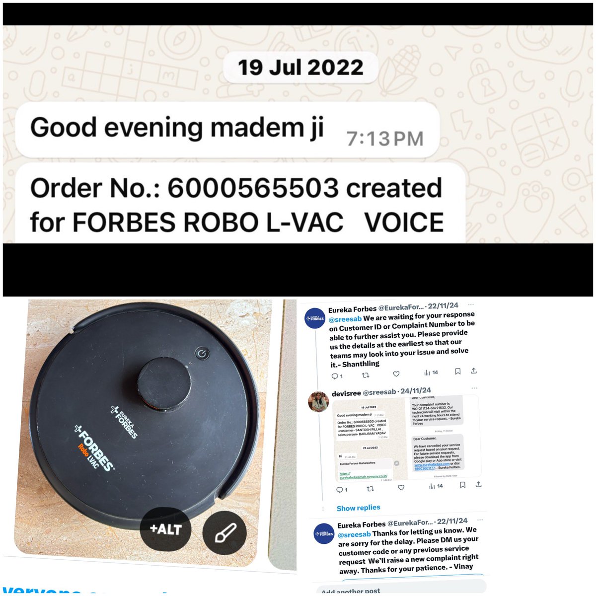 sreesab's tweet photo. @EurekaForbes @EurekaforbesMk @adventintl @pratik pota @SachinKalbag @kunalkamra88 @virsanghvi CHEATED BY EUREKAFORBES Some calls with a dead end, WhatsApp msgs with no clarity, last 3 days. Is anyone responsible at EF? Over 3 months of complaints, no action https://t.co/bL1wdeiHKo
