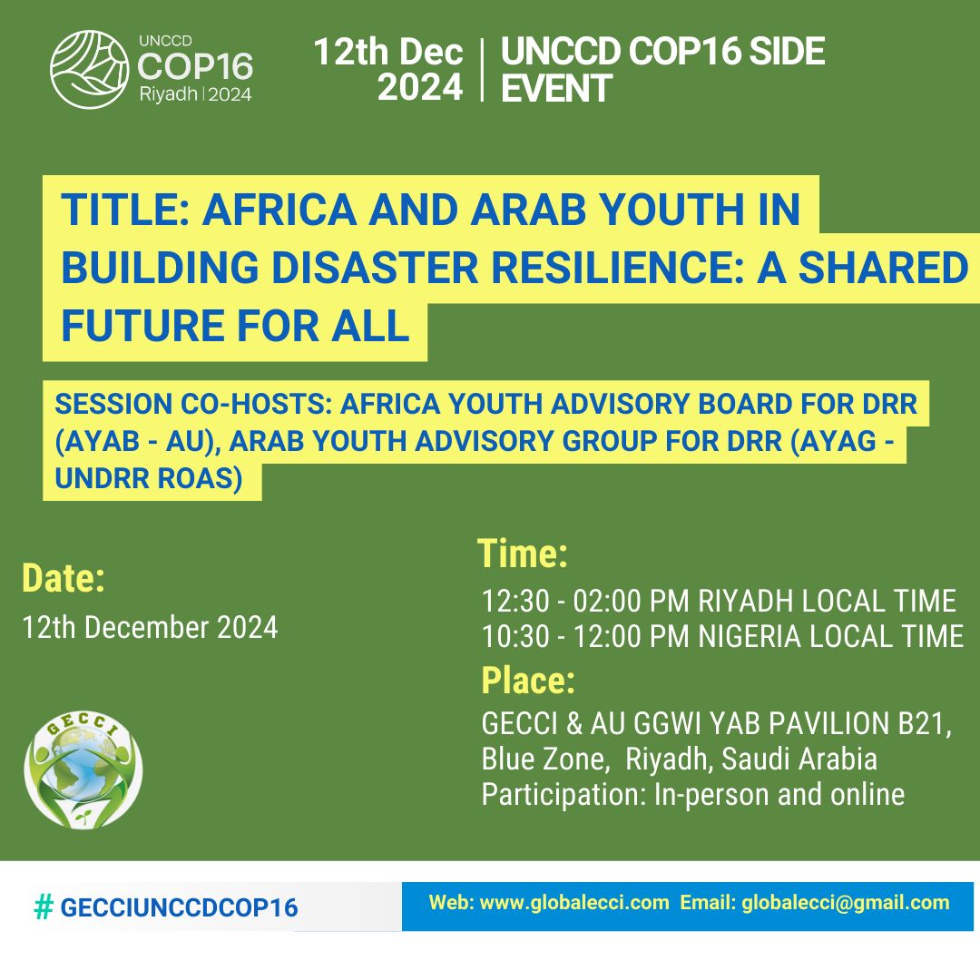 Africa Youth Advisory Board on DRR (@ayab_drr) on Twitter photo ✨ Join us TODAY at 12:30 PM for a side event hosted by AYAB, <a href="/ayag_drr/">Arab Youth Advisory Group for DRR</a> , and <a href="/globalecci/">Global Env. & Climate Conservation Initiative</a> !
We’ll be diving into the African and Arab perspectives on building disaster resilience 🌱💬 🌍
📅 Date: Today at 12:30 PM
#DisasterResilience #ClimateAction #AfricanYouth #AYAB #cop16 ✨ Join us TODAY at 12:30 PM for a side event hosted by AYAB, <a href="/ayag_drr/">Arab Youth Advisory Group for DRR</a> , and <a href="/globalecci/">Global Env. & Climate Conservation Initiative</a> !
We’ll be diving into the African and Arab perspectives on building disaster resilience 🌱💬 🌍
📅 Date: Today at 12:30 PM
#DisasterResilience #ClimateAction #AfricanYouth #AYAB #cop16