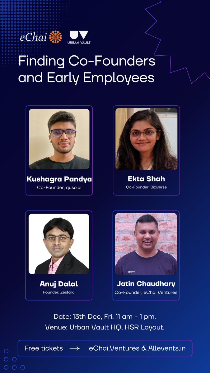 Hosting a mixer in Bengaluru this Friday morning for folks looking for co-founders.

Come by, talk about it, and let’s see if you find someone - or if others in the room can recommend someone from their network.

I’m also bringing a few founder friends to share their personal