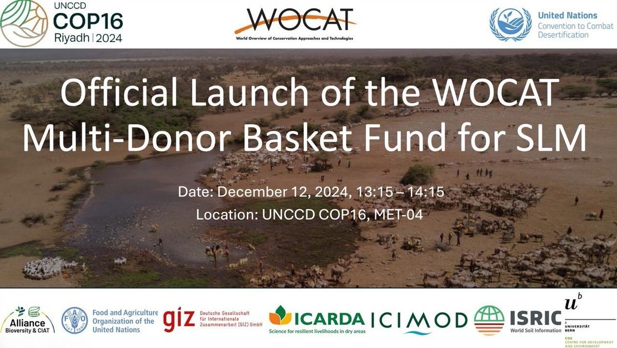 High-Level Launch of the WOCAT Multi-Donor Basket Fund (MDBF) for SLM

🗓 Dec 12, 2024 |⏰ 13:15-14:15 |📍MET-04, UNCCD COP16, Riyadh, Saudi Arabia

Join us as we launch this milestone to support global Sustainable Land Management &amp; land degradation neutrality.

#COP16Riyadh