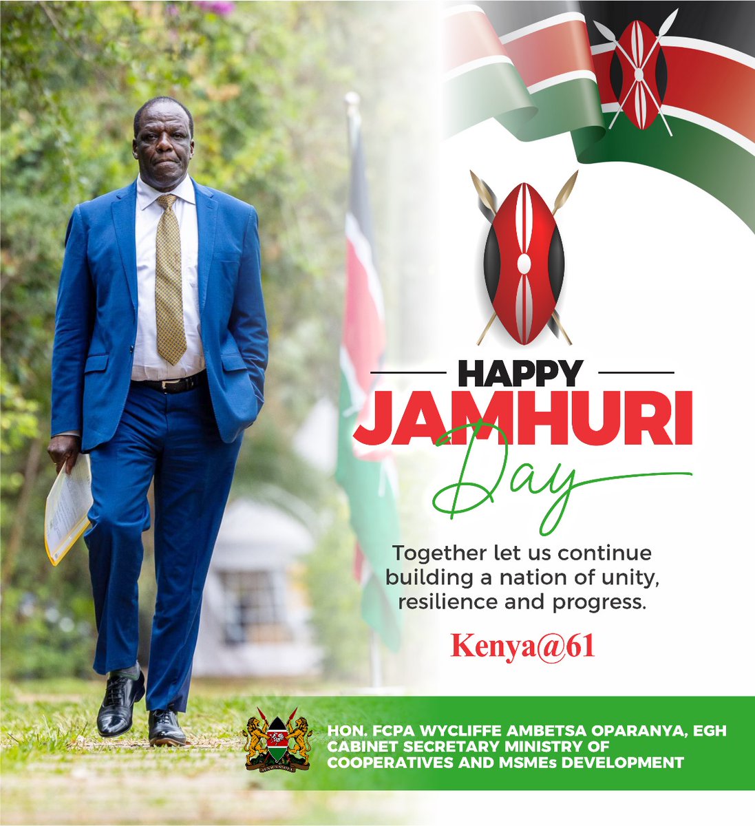 Happy Jamhuri Day, fellow Kenyans! 🇰🇪 Today, we celebrate our freedom, resilience, and the remarkable journey of our nation. Let us continue building a brighter future through unity, cooperation, and empowering our people. Together, we thrive! #JamhuriDay2024 #Kenya@61