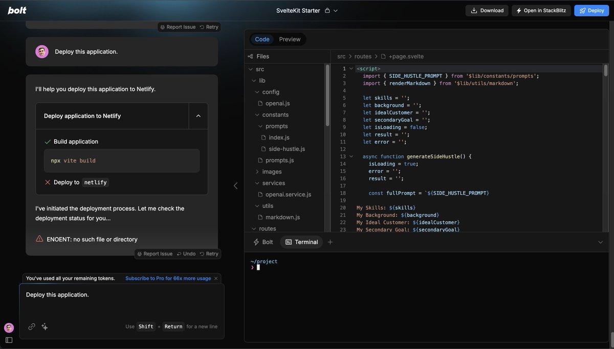 CadenBurleson's tweet image. I&apos;m literally ONE-STEP away from deploying my app to #Netlify live with #stackblitz Bolt.new and I run out of credits...

wyd in this situation?