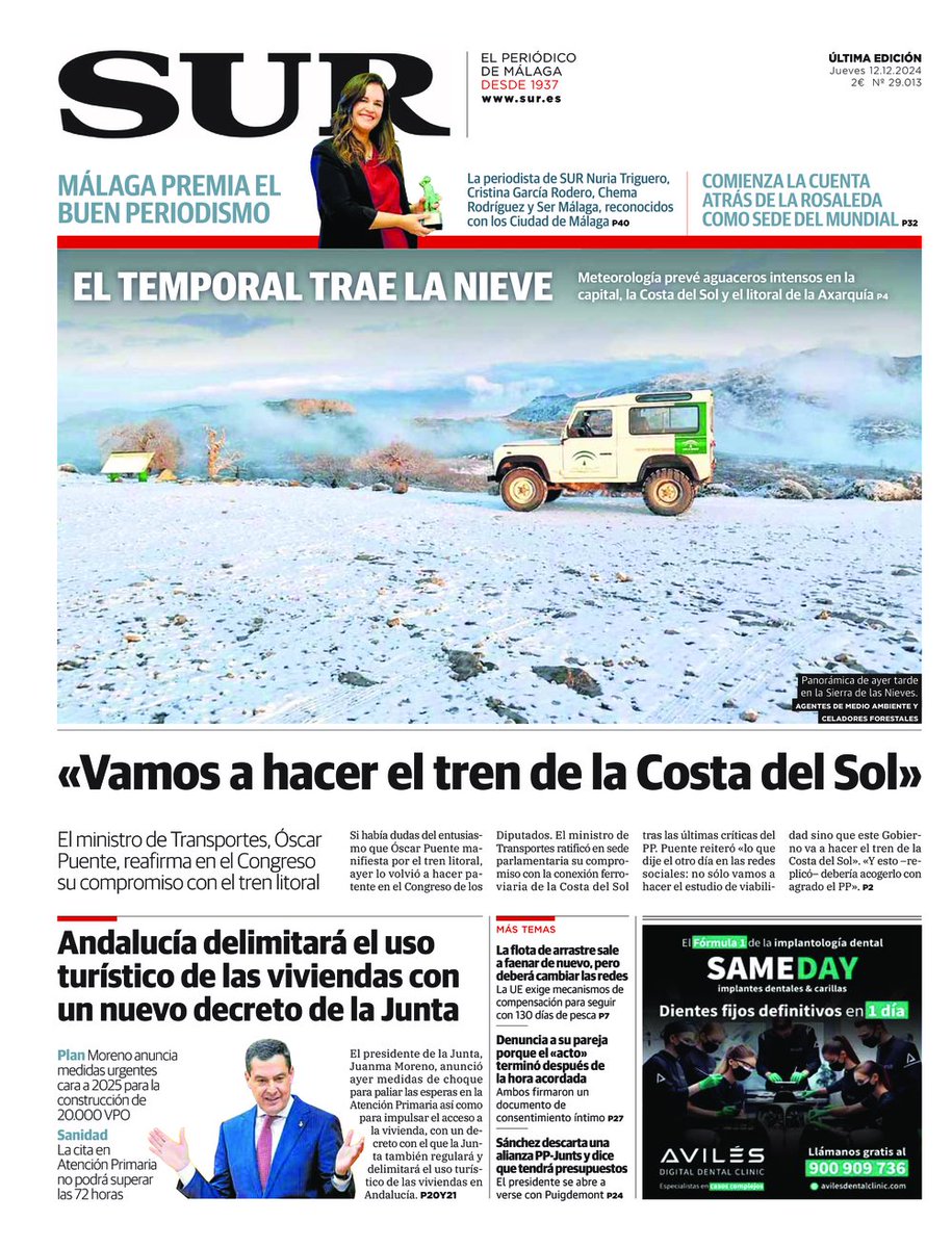 📰 Buenos días. Hoy, la #portadaSUR destaca que el temporal deja nieve en #Málaga y la previsión de aguaceros intensos. También que el ministro de Transportes reafirma su compromiso con el tren litoral portadas.diariosur.es/2024/12/12.htm…