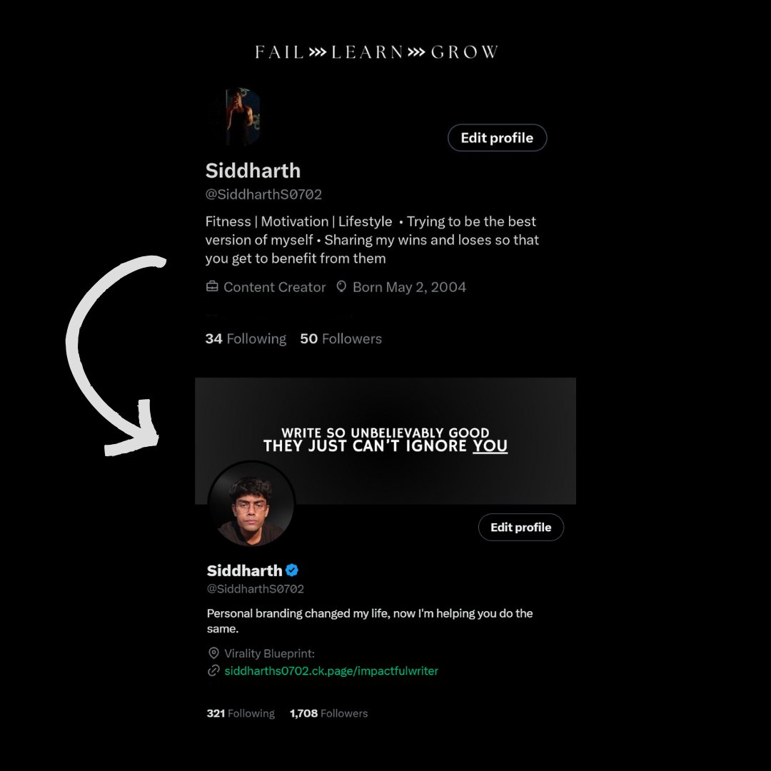 SiddharthS0702's tweet image. Personal branding transformed my life.
6 months ago:
• I felt lost.
• I couldn't write.
• I had no purpose or place.
Today:
• 1.9 million views.
• I own my life and time.
• I help creators build their brands.
The best part?
I'm proud of who I am today.
Your personal…