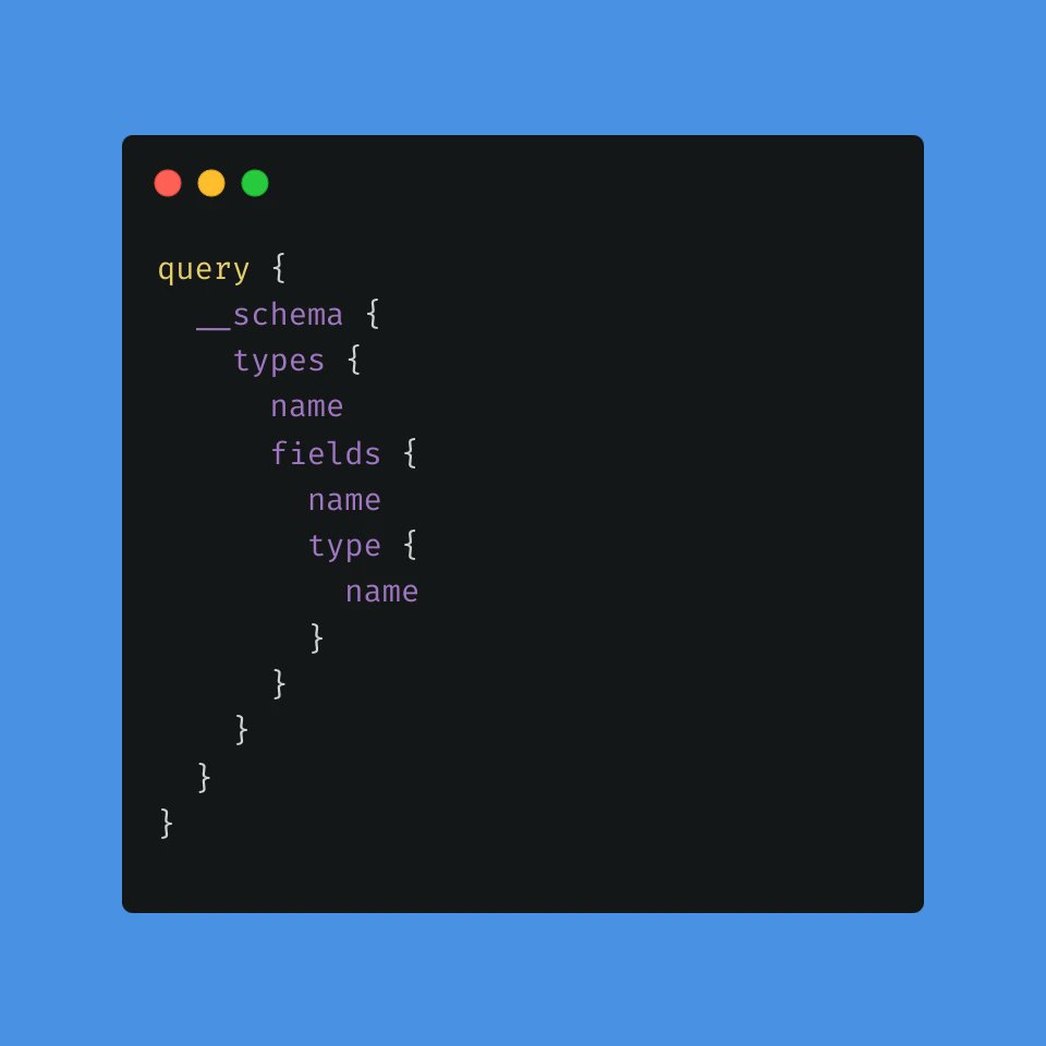 wearebluframe's tweet photo. GraphQL Pro Tip: Use Introspection for Schema Discovery 🎉

Introspection in #GraphQL allows you to discover your schema. Feature is enabled by default

- Discover types, fields, and directives 🤔
- Get detailed information about your schema 💡
- Automate schema documentation 📝 https://t.co/ViBRG2rpEA