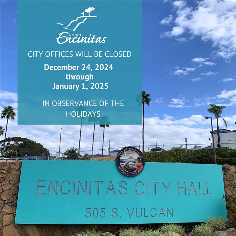 🎄Holiday Closure Notice🎄
City Hall, Public Works, San Dieguito Water District, the Community &amp; Senior Center, and Pacific View Arts Center will be closed from December 24, 2024 – January 1, 2025 for the holidays. Click the link in bio for more detailed information.