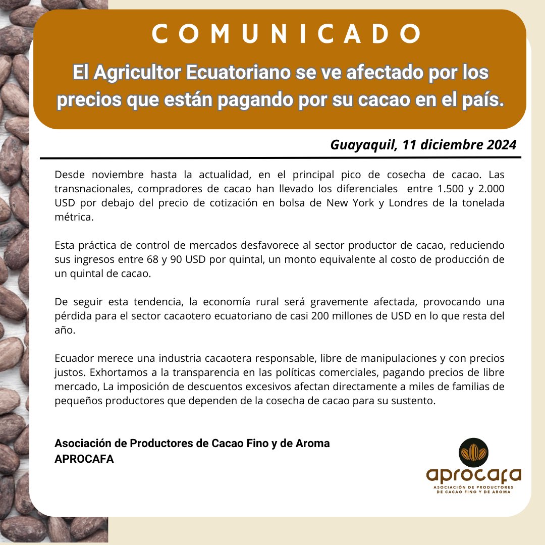 Situación de precios del quintal de cacao en Ecuador. Se están descontando diferenciales que afectan al productor. #cacao #cocoa #cocoamarket #ecuador