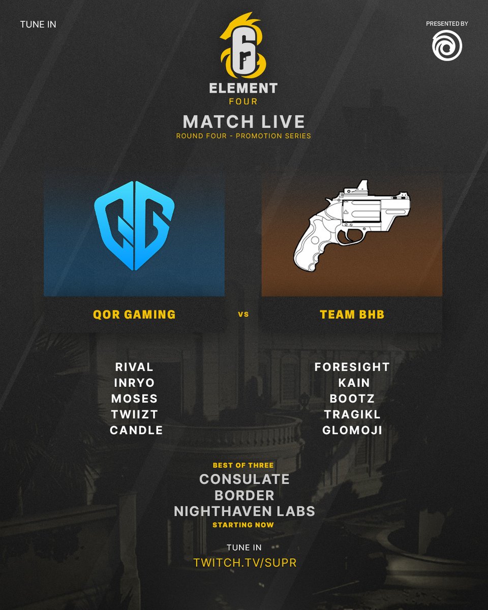 R6esportsNA's tweet photo. A playoffs spot on the line, lets do this ๐
@QorGaming ๐#TeamBHB
๐บ๏ธ: Consulate (QOR) -> Border (BHB) -> Labs (Decider)
๐บttv/Supr https://t.co/OPw7KsYNFY
