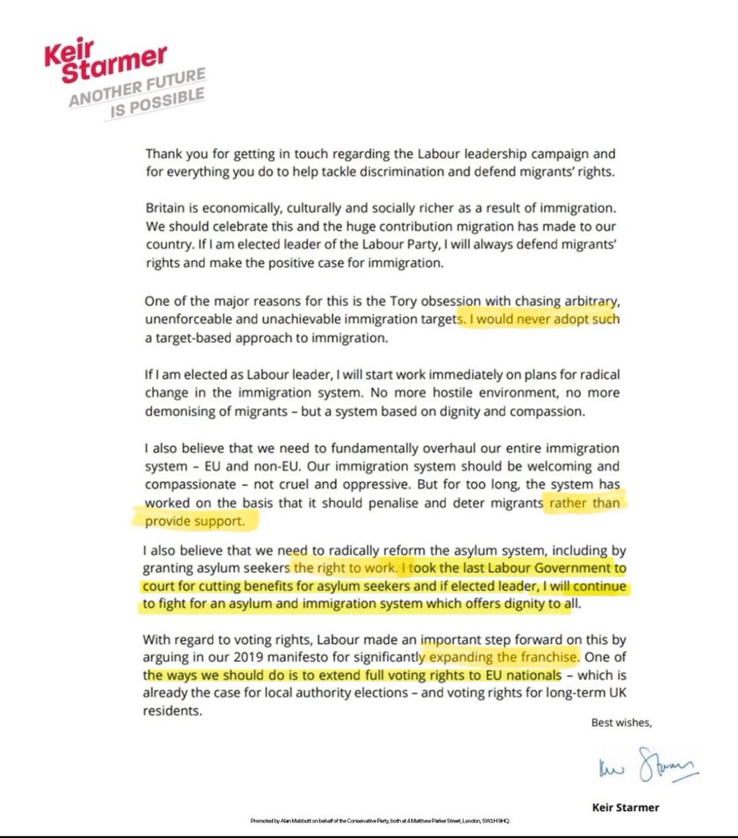 Alexarmstrong's tweet photo. Wow.
The Tories have republished an old letter from @Keir_Starmer.
It outlines that Starmer would:
• never have immigration targets
• reverse Tory cuts to refugee and asylum benefits
• give the right to work for asylum seekers
• expand voting rights to EU nationals and “long term residents”
