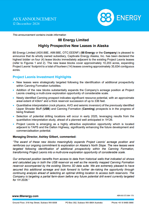 88EnergyLtd's tweet photo. $88E expands Project Leonis with 4 new lease blocks, adding 10,203 acres. This strategic move unlocks multi-zone exploration potential on Alaska's North Slope: https://t.co/HHdT40UCrQ

#88Energy https://t.co/O1fgpOCgHI
