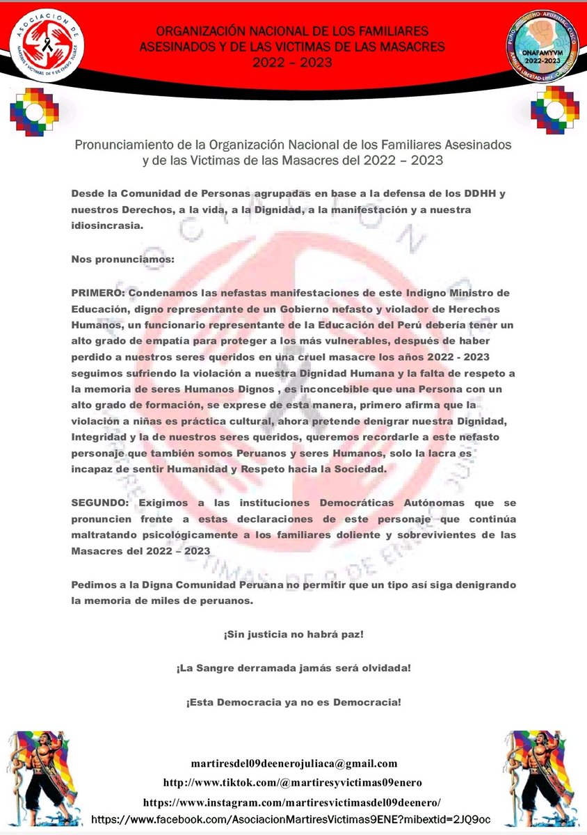 📢🇵🇪A dos años de la masacr3 de Andahuaylas, la Organización Nacional de Familiares Asesin4dos y de las víctimas de las masacr3s 2022-2023 defiende la memoria de seres humanos dignos asesinados. Invoca a instituciones a pronunciarse contra maltrato psicológico cometido por Quero
