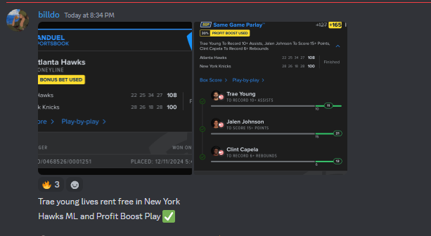 ckmpicks's tweet photo. Premium Plays CASHED as well 
5/6 SLIPS ✅

lil sweat in the end for the spread

✅Hawks ML
✅Trae Young 10+ Assists
✅Jalen Johnson 15+ Points
✅Clint Capela 6+ Rebounds
✅Haws Spread +7.5

We send out free slips daily so follow and cash with us
-CKM BILLDO
#parlaywin #parlay #fandual #CASH #NBA