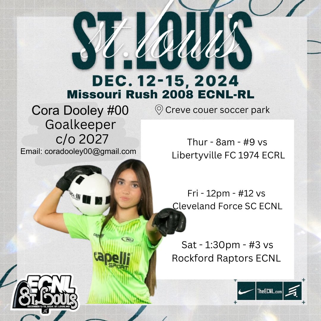 Supper excited to play in the ECNL St. Louis showcase this weekend!! Looking forward to seeing how we match up against these teams. Hoping for a clean sheet 🧤!!