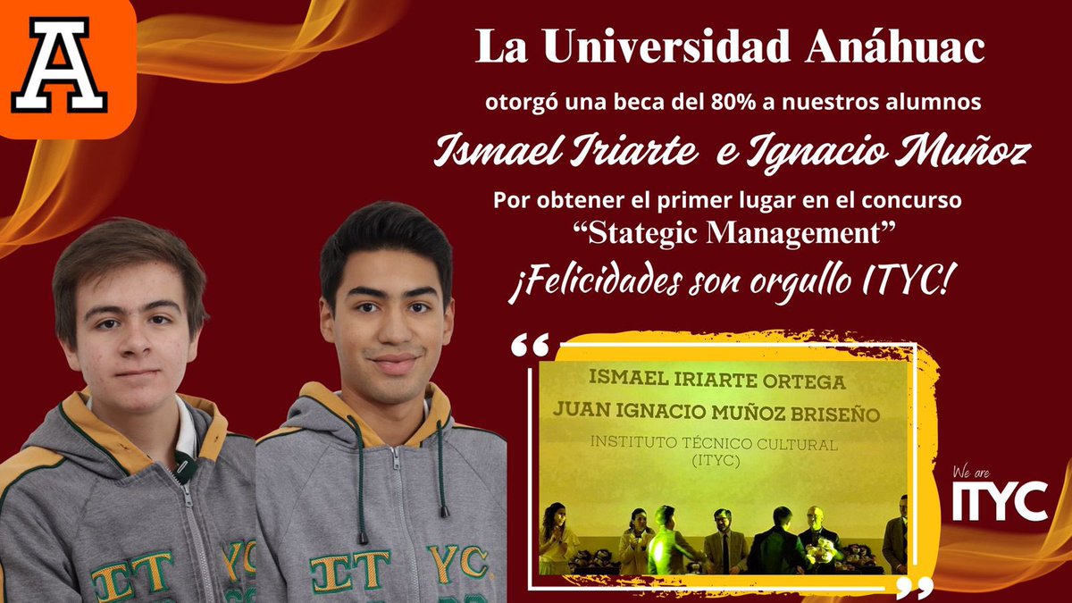 ityc_oficial's tweet photo. La Universidad Anáhuac otorgó una beca del 80% a nuestros alumnos 🎓
Ismael Iriarte 🎉
Ignacio Muñoz 🎉
Por obtener el primer lugar en el concurso Strategic Management. 🏆
¡Muchas felicidades! Ustedes son #orgulloityc 🙌🎊
#wesreityc #orgulloityc #anahuac #universidad #becas https://t.co/C2E1ybkp37
