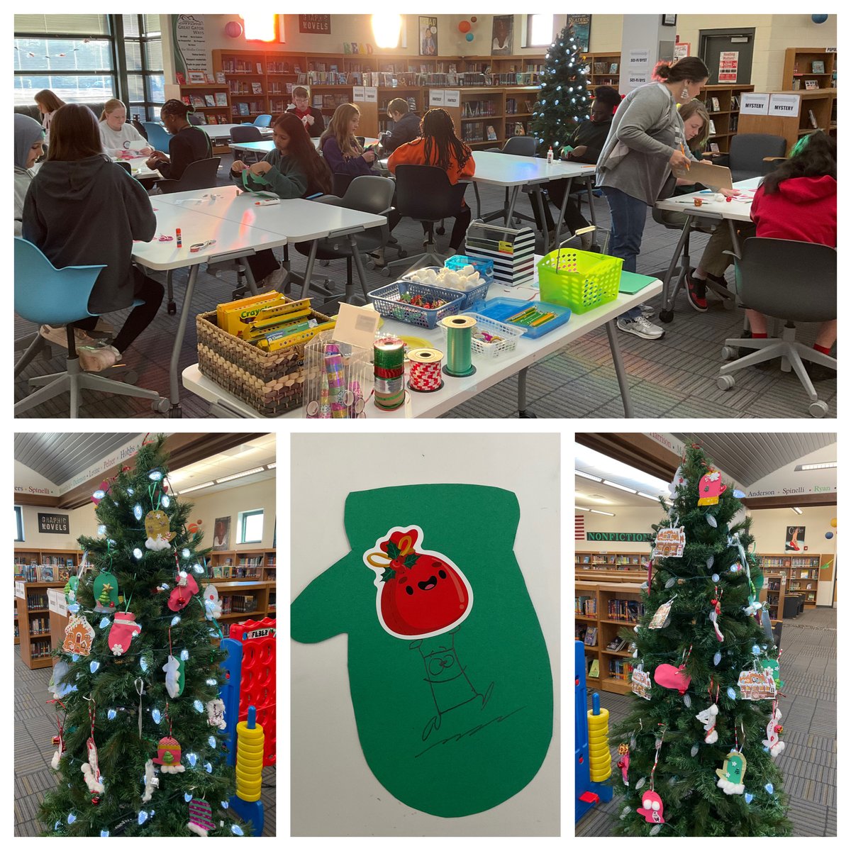 DCMSMediaCenter's tweet image. Last week, different groups of students got crafty and created ornaments for the Media Center Christmas tree. Various kinds of materials were provided. @DutchmanCreekMS #ArtInTheLibrary #Creativity #BuildingRelationships #MoreThanBooks #HappyHolidays