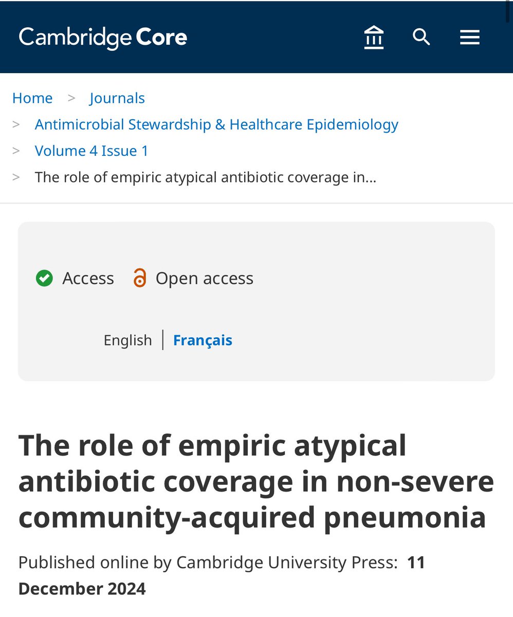 👀 New in <a href="/ASHE_Journal/">ASHE Journal</a> ❤️ cambridge.org/core/journals/…

“A β–lactam plus a macrolide or a respiratory fluoroquinolone alone is recommended as standard empiric antibacterial therapy for non-severe adults hospitalized with community-acquired pneumonia (CAP) per Infectious Diseases