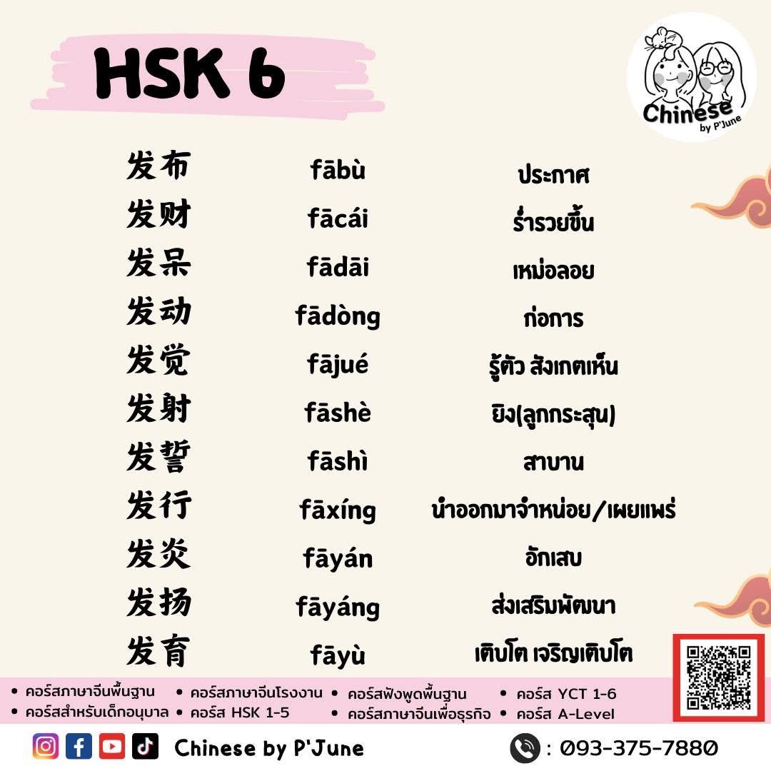 Chinese_Pjune's tweet photo. HSK 6

⭐️发布 fābù ประกาศ
⭐️发财 fācái ร่ำรวยขึ้น
⭐️发呆 fādāi เหม่อลอย
⭐️发动 fādòng ก่อการ
⭐️发觉 fājué รู้ตัว สังเกตเห็น
⭐️发射 fāshè ยิง(กระสุน)
⭐️发誓 fāshì สาบาน
⭐️发行 fāxíng นำออกมาจำหน่อย
⭐️发炎 fāyán อักเสบ
⭐️发扬 fāyáng ส่งเสริมพัฒนา
⭐️发育 fāyù เติบโต เจริญเติบโต https://t.co/c4QMGQ6LfA