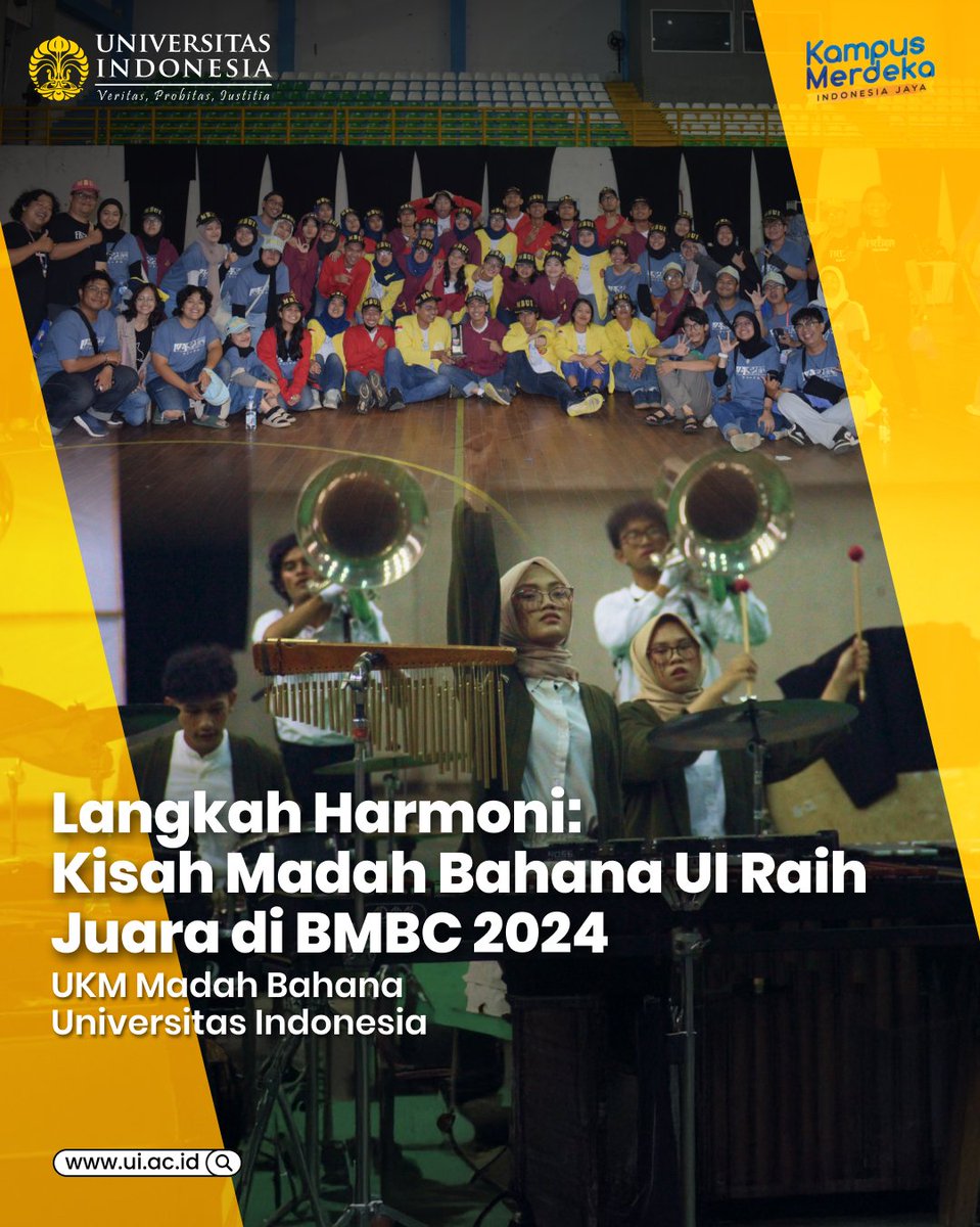 univ_indonesia's tweet photo. Langkah Harmoni: Kisah Madah Bahana UI Raih Juara di BMBC 2024

Menjadi bagian dari Madah Bahana UI, sebuah unit kegiatan mahasiswa yang sejak 1964 telah menjadi rumah bagi kami para pecinta marching band merupakan kesempatan yang sangat berarti. Dalam setiap irama dan hentakan langkah, kami membawa semangat kebersamaan dan dedikasi untuk terus berkarya. Tahun ini, cerita kami bertambah ketika 29 anggota Madah Bahana melangkah ke ajang Bandung Marching Band Championship (BMBC) 2024.

Desember ini menjadi saksi bahwa, kerja keras yang telah kami jalani berbulan-bulan diuji di kompetisi yang penuh tantangan. Dengan disiplin dan semangat pantang menyerah, kami tampil di mata lomba Brass Band dan berhasil meraih juara 3. Prestasi ini bukan hanya tentang trofi, tetapi juga tentang pelajaran berharga yang kami bawa pulang, tentang arti kerja sama, ketekunan, dan cinta terhadap seni marching band.

Kemenangan ini menjadi awal baru bagi kami untuk terus bermimpi lebih besar. Dengan setiap nada dan langkah, kami berharap bisa membawa nama Madah Bahana UI semakin harum di kancah nasional maupun internasional. Kami percaya bahwa harmoni yang kami bawa akan terus menggema di mana pun kami melangkah.

UKM Madah Bahana 
Universitas Indonesia