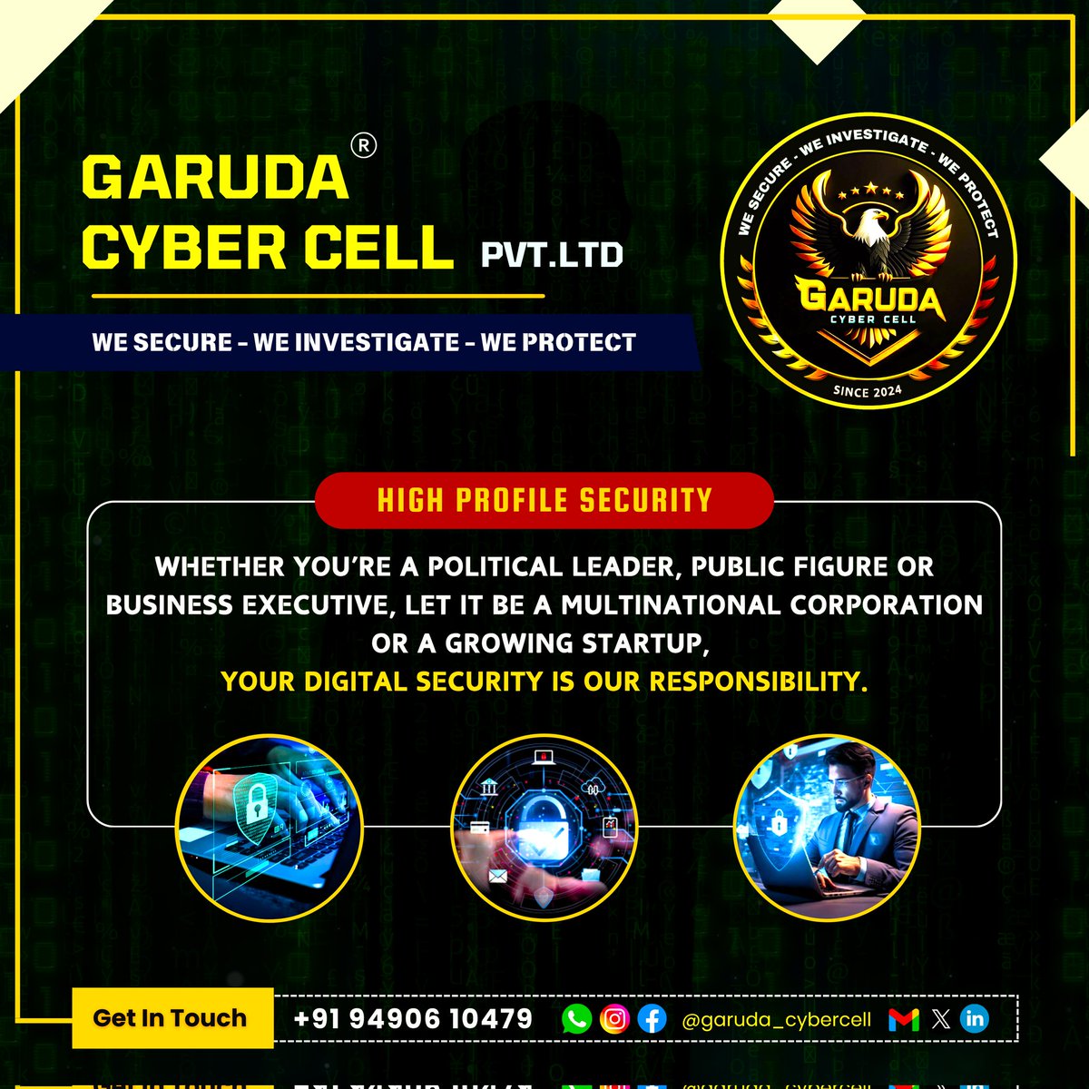 GarudaCybercell's tweet photo. We provide high-profile security solutions to safeguard your digital and physical assets with advanced technology and unmatched expertise. 🛡️🔒

 #GarudaCyberCell #CyberCell #Hyderabad #HighProfileSecurity #CyberSecurity #VIPProtection #DigitalSafety #instagramdown https://t.co/Wpj9myRiU0