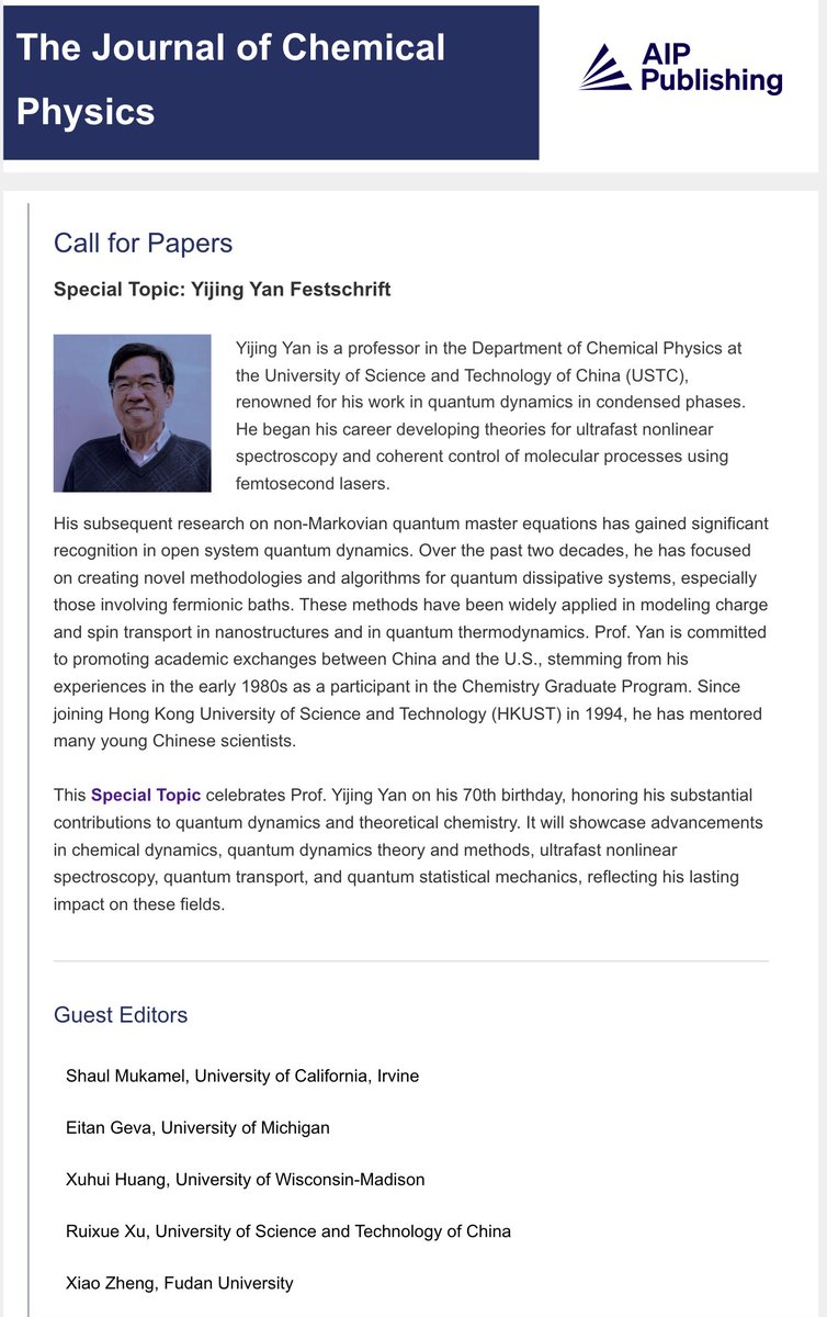 Xuhui Huang (@xuhuihuangchem) on Twitter photo Yijing was my faculty mentor at <a href="/hkust/">HKUST</a> -a brilliant mind in open system quantum dynamics and one of the most rigorous theoretical chemists I’ve ever met! Grateful to <a href="/JChemPhys/">The Journal of Chemical Physics</a> for this special issue in his honor-proud to be a guest editor. Please consider submitting your work! Yijing was my faculty mentor at <a href="/hkust/">HKUST</a> -a brilliant mind in open system quantum dynamics and one of the most rigorous theoretical chemists I’ve ever met! Grateful to <a href="/JChemPhys/">The Journal of Chemical Physics</a> for this special issue in his honor-proud to be a guest editor. Please consider submitting your work!