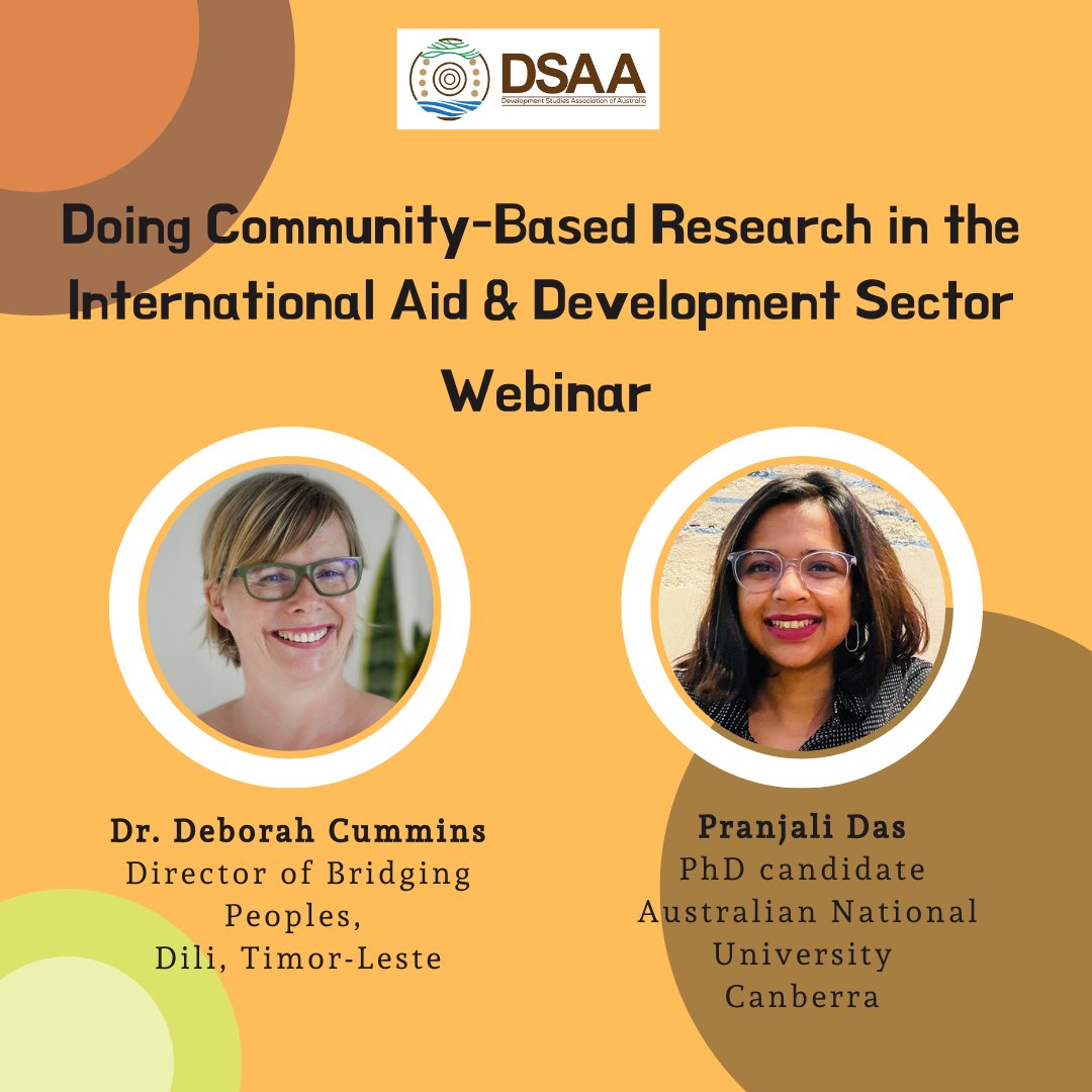 🚨 Reminder! Our webinar with Dr. Deborah Cummins &amp; Pranjali Das is just days away:

🗓 15 Jan | ⏰ 1:00 pm Melbourne 
📍 YouTube Live shorturl.at/rJF8T
Don’t miss this chance to explore community-based research in action!
#talkingdevelopment #DSAAwebinars