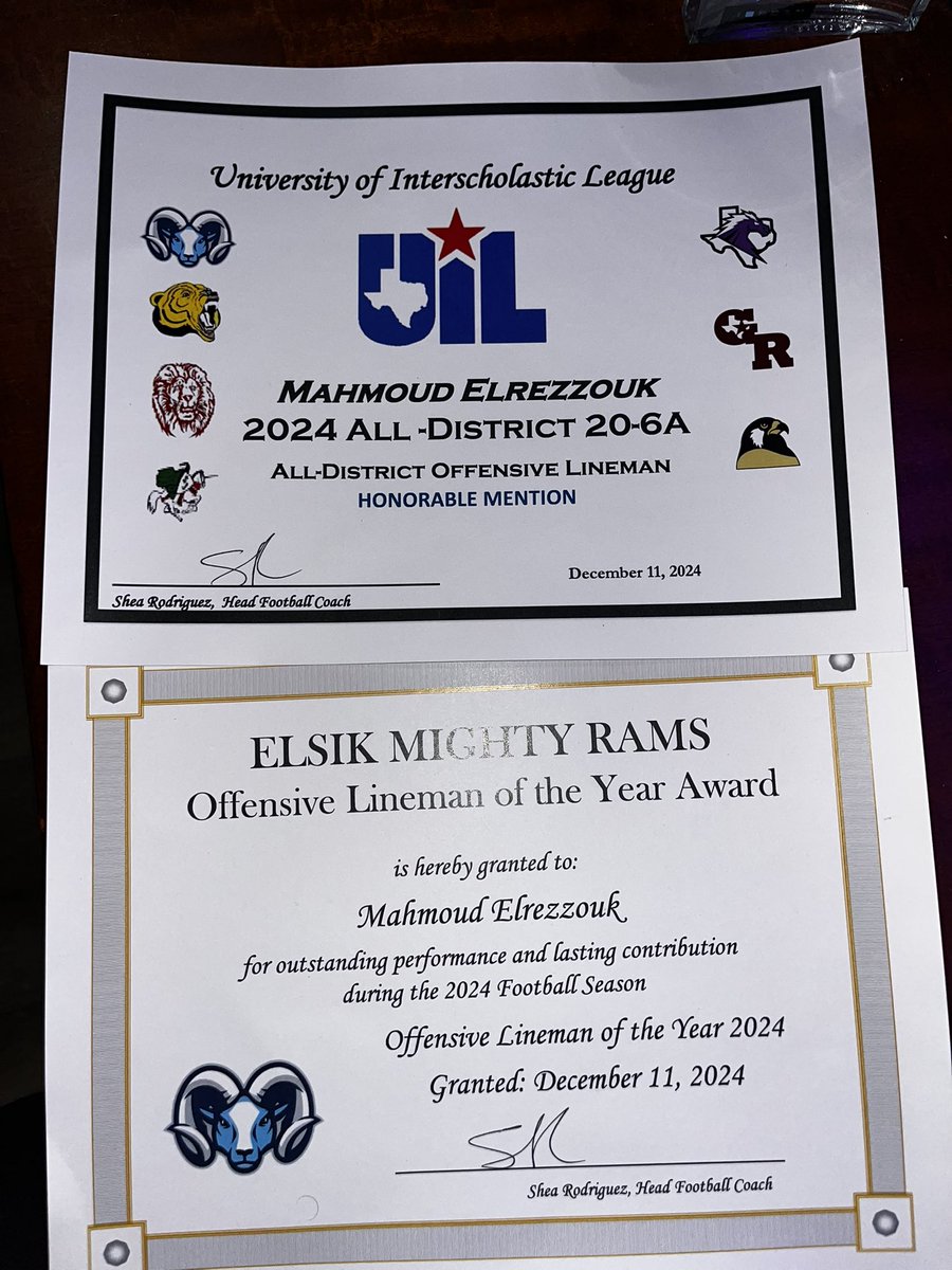 Mahmoud Elrezzouk (@melrezzouk5768) on Twitter photo Blessed to receive all district and offensive lineman of the year award <a href="/__CoachRod/">Coach Rod, M.Ed.</a> <a href="/ElsikFootball/">Elsik Football</a> <a href="/coachtcarter/">Travis Carter</a> E-BLOCK‼️🐏💙 Blessed to receive all district and offensive lineman of the year award <a href="/__CoachRod/">Coach Rod, M.Ed.</a> <a href="/ElsikFootball/">Elsik Football</a> <a href="/coachtcarter/">Travis Carter</a> E-BLOCK‼️🐏💙