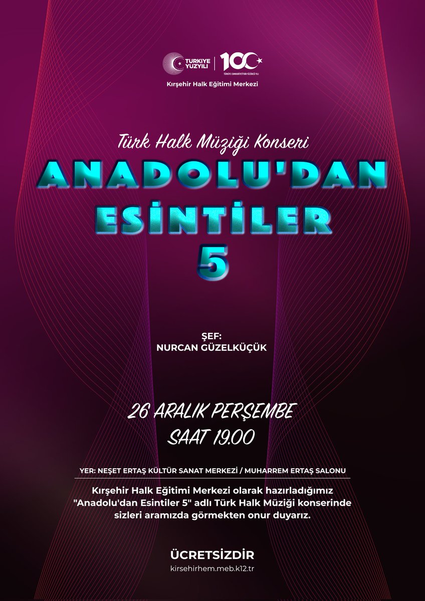 Kırşehir Halk Eğitimi Merkezi olarak, hazırladığımız Anadolu'dan Esintiler 5 Adlı Türk Halk Müziği Koro konserimiz 26 Aralık 2024 tarihinde saat 19.00 da Neşet Ertaş Kültür Sanat Merkezi nde gerçekleşecek. Unesco Müzik Şehri Kırşehir ' e katkı sunmaktan mutluluk duyuyoruz.