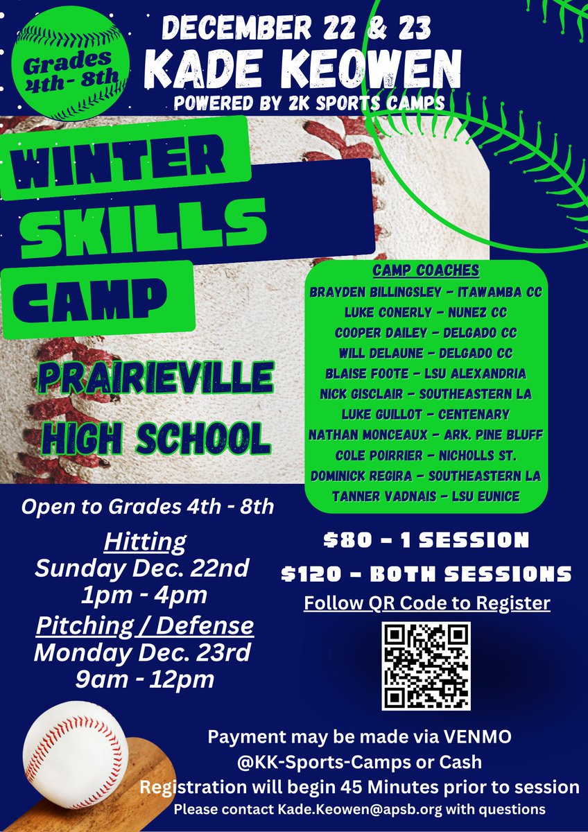COME JOIN US December 22/23 

We will have over 10 current college players, all from Ascension Parish, in attendance!

Let’s get ready for Spring 2025 together! 

SIGN UP TODAY - SEE FLYER FOR ALL DETAILS