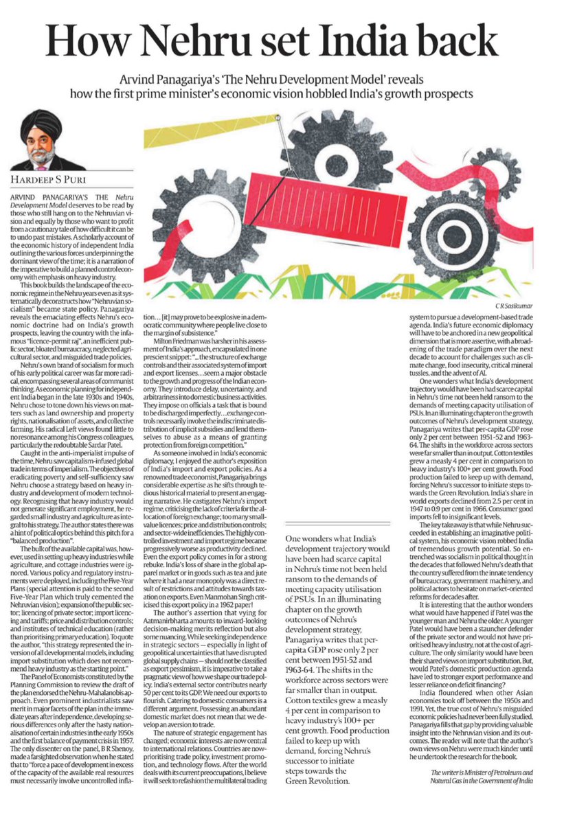 A must-read review by Union Minister Sh <a href="/HardeepSPuri/">Hardeep Singh Puri</a> Ji of Arvind Panagariya's book 'The Nehru Development Model', critically analyses Jawaharlal Nehru's economic policies and their long-term negative impact on India's growth. Nehru's socialist economic model, which emphasized