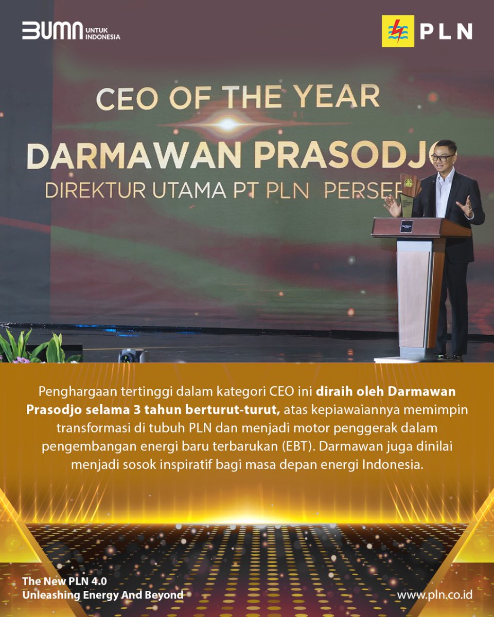 _pln_id's tweet photo. Electrizen, Direktur Utama PT PLN (Persero) Darmawan Prasodjo dinobatkan kembali sebagai CEO of The Year 2024.

#PLN https://t.co/xkYAkeINmz