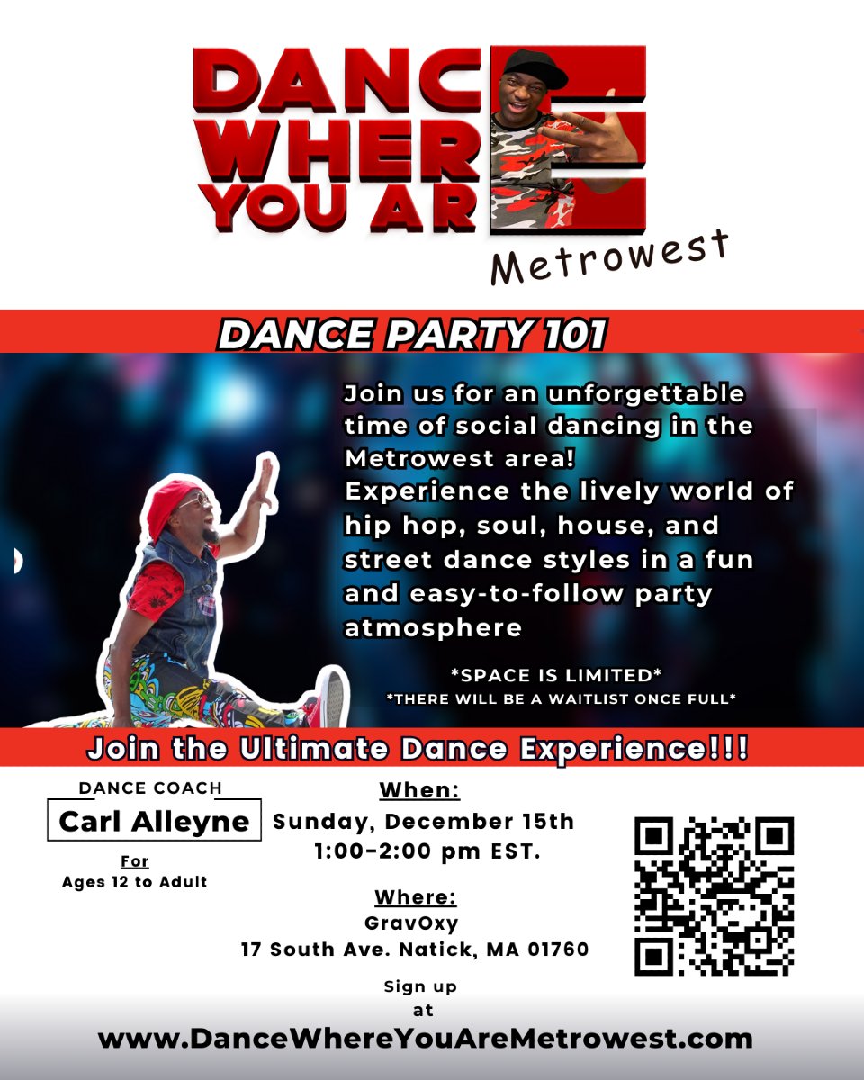 DWYALive's tweet photo. 🎉 Unlock Your Inner Dancer! 🎉

Are you ready to shake up your routine? Join us for Dance Party 101: Social Dancing in the Metrowest Area presented by the amazing Carl Alleyne! 

✨ Experience the electric vibes of hip hop, soul, and house dancing—no experience necessary! https://t.co/mjFZyad5tj