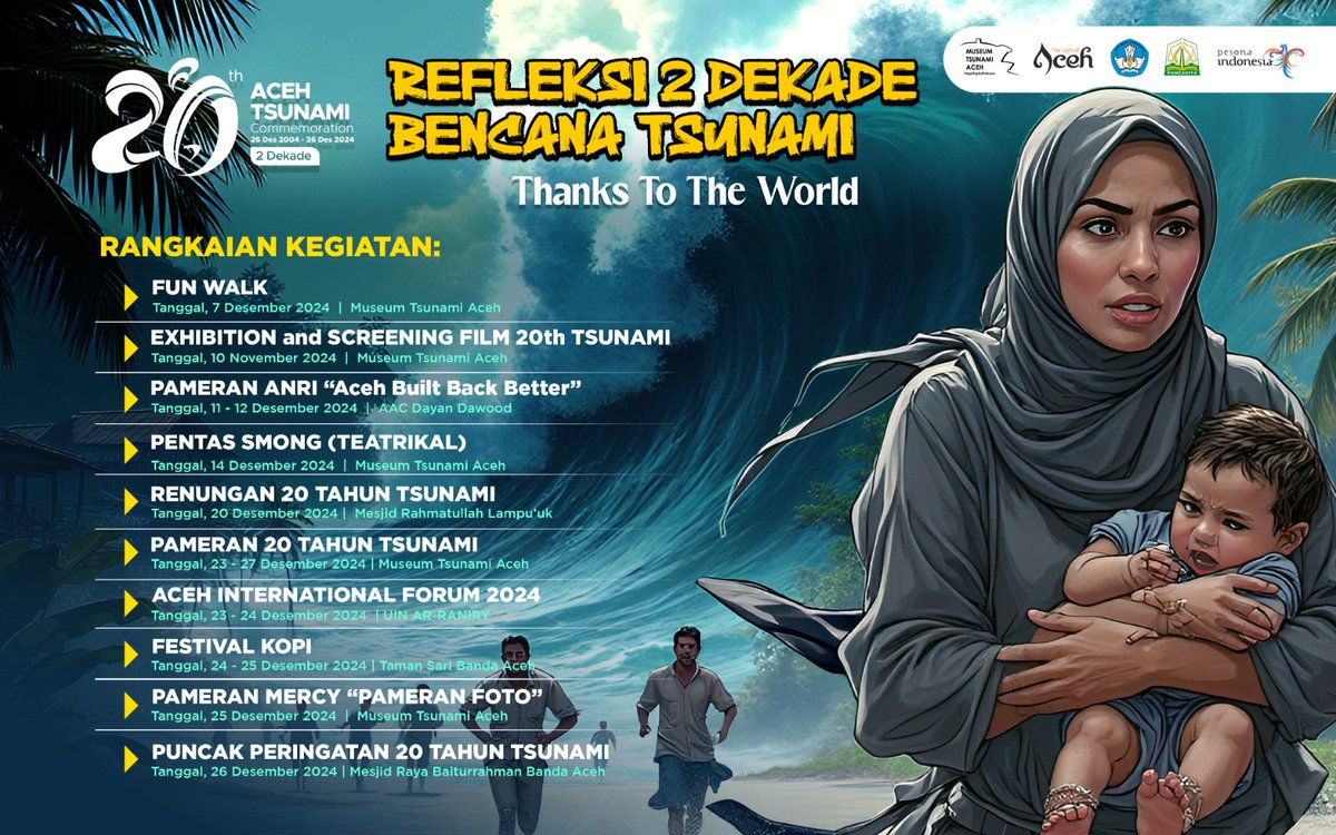 20 tahun adalah waktu yg panjang, namun cukup singkat utk melupakan. 

Ikuti rangkaian acara peringatan 20 tahun bencana tsunami Aceh &amp; jadikan momentum ini sebagai langkah awal untuk membangun masa depan Aceh yang lebih cerah.
#museumtsunami