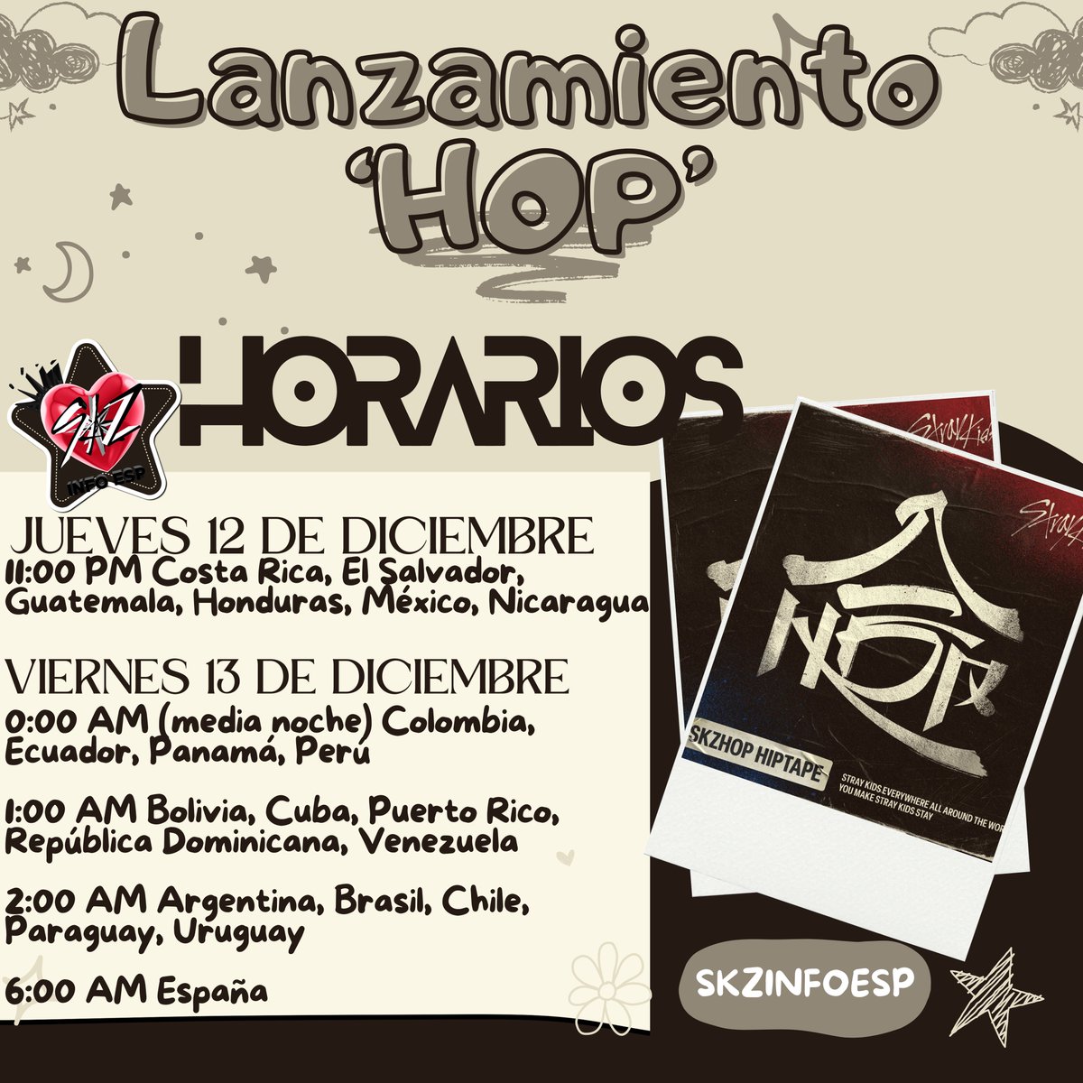 skzinfoespmx's tweet photo. 🌟 MAÑANA ES EL GRAN DÍA!🌟  

🎶 STRAY KIDS presenta su nuevo álbum: “HOP"🎶  

Prepárate para disfrutar de las nuevas canciones de SKZ que te harán vibrar y sentir mil emociones al mismo tiempo

Checa los horarios de LATAM y ESPAÑA para que no te lo pierdas 
🕒 Estará disponible en todas las plataformas digitales, incluyendo el MV oficial en YouTube 

💿 “HOP" está lleno de energía, emociones y la pasión única que solo Stray Kids puede ofrecer, y finalmente escucharemos los solos de cada uno de los miembros 🥹

Así que no te lo puedes perder, STAY!  

⚡¿Qué canción crees que será tu favorita? 🤔  

#StrayKids #HOP #SKZ #StrayKidsComeback