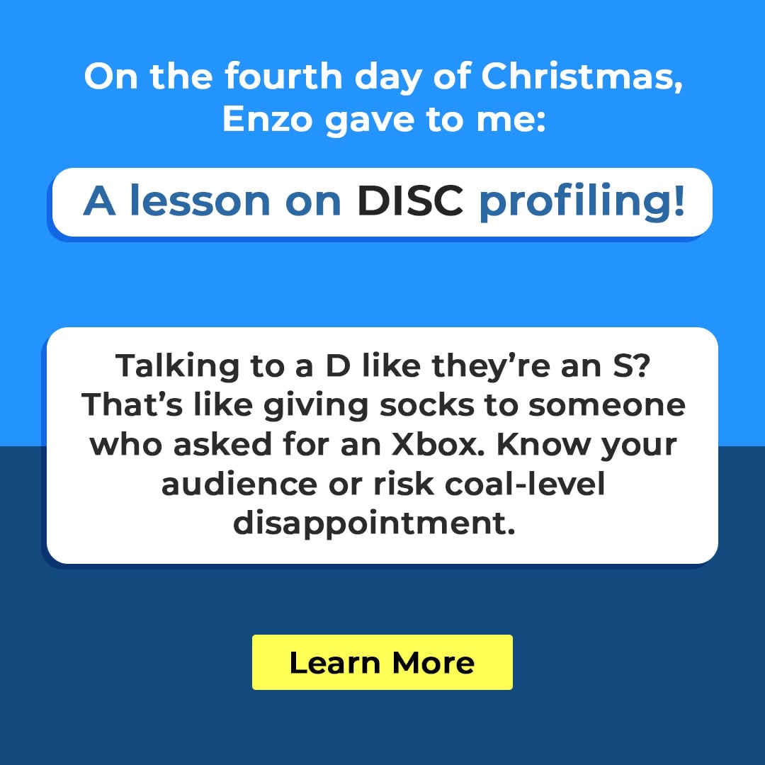 DynamoSelling's tweet photo. On the fourth day of Christmas, Enzo gave to me: A lesson on DISC profiling!
(PS. Christmas Business Days!)
#SalesTailoring #DISCProfiles #DynamoSelling https://t.co/bJapOrde1Z