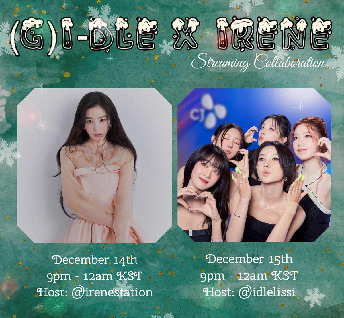 i_DLEStation's tweet image. Join us this weekend for our #IRENExGIDLE Streaming Collaboration 

📆 December 14th
⏰ 9pm - 12am KST
📻 stationhead.com/irenestation

📆 December 15th
⏰ 9pm -12am KST
📻 stationhead.com/idlelissi

Join us for a good time and great music!
#아이린 #IRENE #레드벨벳 #RedVelvet…