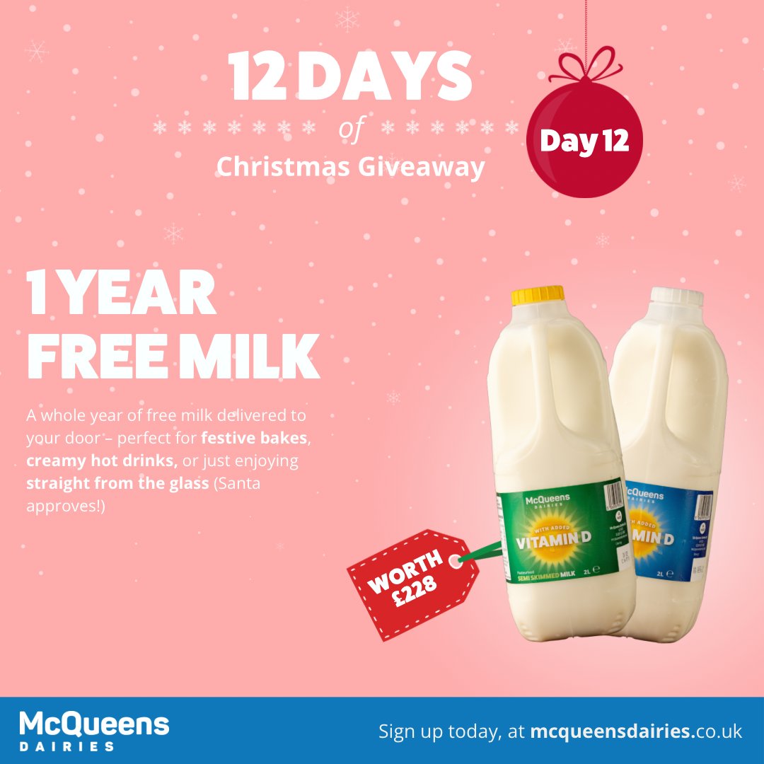 ✨12 Days Of Christmas Competition✨⁠

🎅DAY 11 - 1 Year Free Milk (Existing Customers Only)

HOW TO WIN:⁠
🎁 Follow <a href="/DairiesMcqueens/">McQueens Dairies 🥛</a>
🎁 Like &amp; Retweet
🎁 Tag a friend in the comments.⁠

⁠EXTRA ENTRIES are also available on our Instagram and Facebook page 🙌⁠
 #competition