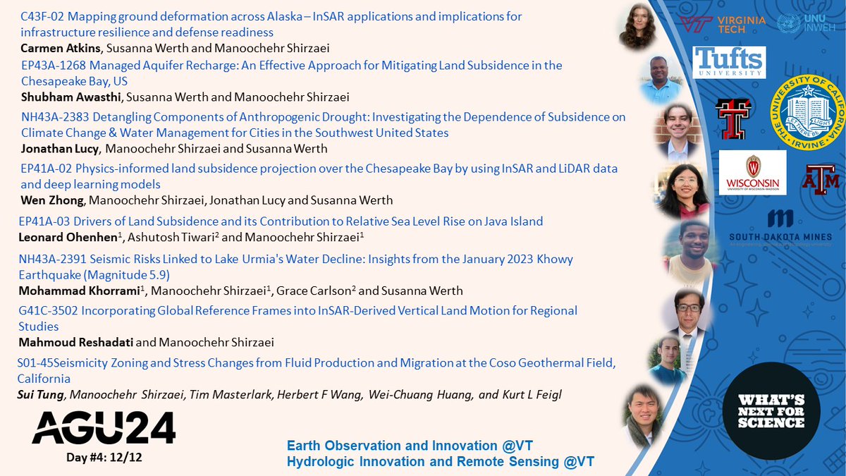 Manoochehr Shirzaei (@shirzaei) on Twitter photo *** AGU24-Day4 ***
I hope you all had a successful 3rd day at #AGU24 of
<a href="/theAGU/">AGU (American Geophysical Union)</a>!
Members of <a href="/EOI_lab/">Earth Observation & Innovation @VT</a> and <a href="/HIRSlab/">Hydrologic Innovation & Remote Sensing @VT</a> of <a href="/vtgeosciences/">Geosciences at VT</a>
and friends have another 8 exciting presentations on the 4rd day of the conference. Please consider attending them. <a href="/UNUINWEH/">UN University-INWEH</a> <a href="/VT_Science/">Virginia Tech Science</a> *** AGU24-Day4 ***
I hope you all had a successful 3rd day at #AGU24 of
<a href="/theAGU/">AGU (American Geophysical Union)</a>!
Members of <a href="/EOI_lab/">Earth Observation & Innovation @VT</a> and <a href="/HIRSlab/">Hydrologic Innovation & Remote Sensing @VT</a> of <a href="/vtgeosciences/">Geosciences at VT</a>
and friends have another 8 exciting presentations on the 4rd day of the conference. Please consider attending them. <a href="/UNUINWEH/">UN University-INWEH</a> <a href="/VT_Science/">Virginia Tech Science</a>