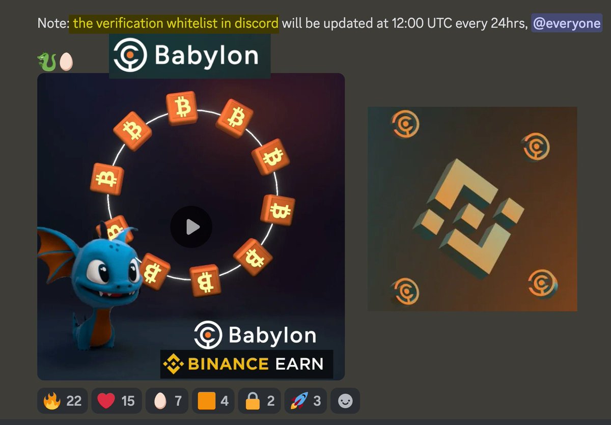 🥳Claim your #Babylone 🐉🥚 #Airdrop Role now!

If you've staked with <a href="/babylonlabs_io/">Babylon</a>  protocol, secure your #BABYLOONG role on Discord by verifying your #BTC address:

🔒 Take action now:

👉 Join Babylon Discord: mee6.xyz/i/SEEq7s7B8y
👉 Join Babylon Telegram: