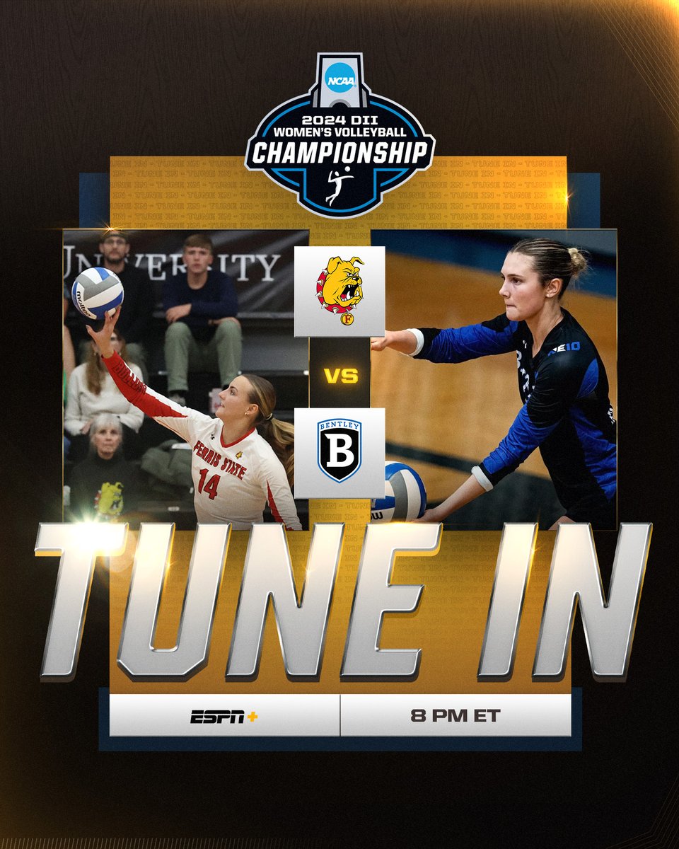 NCAA Division II (@ncaadii) on Twitter photo The final #D2VB quarterfinalβΌοΈ
No. 1 <a href="/FerrisStVball/">Ferris St Volleyball</a> π No. 8 <a href="/BentleyVball/">Bentley University Volleyball</a>
π°οΈ 8 p.m. ET
πΊ ESPN+
π° on.ncaa.com/D2VBsp
π on.ncaa.com/D2VBqf4 The final #D2VB quarterfinalβΌοΈ
No. 1 <a href="/FerrisStVball/">Ferris St Volleyball</a> π No. 8 <a href="/BentleyVball/">Bentley University Volleyball</a>
π°οΈ 8 p.m. ET
πΊ ESPN+
π° on.ncaa.com/D2VBsp
π on.ncaa.com/D2VBqf4