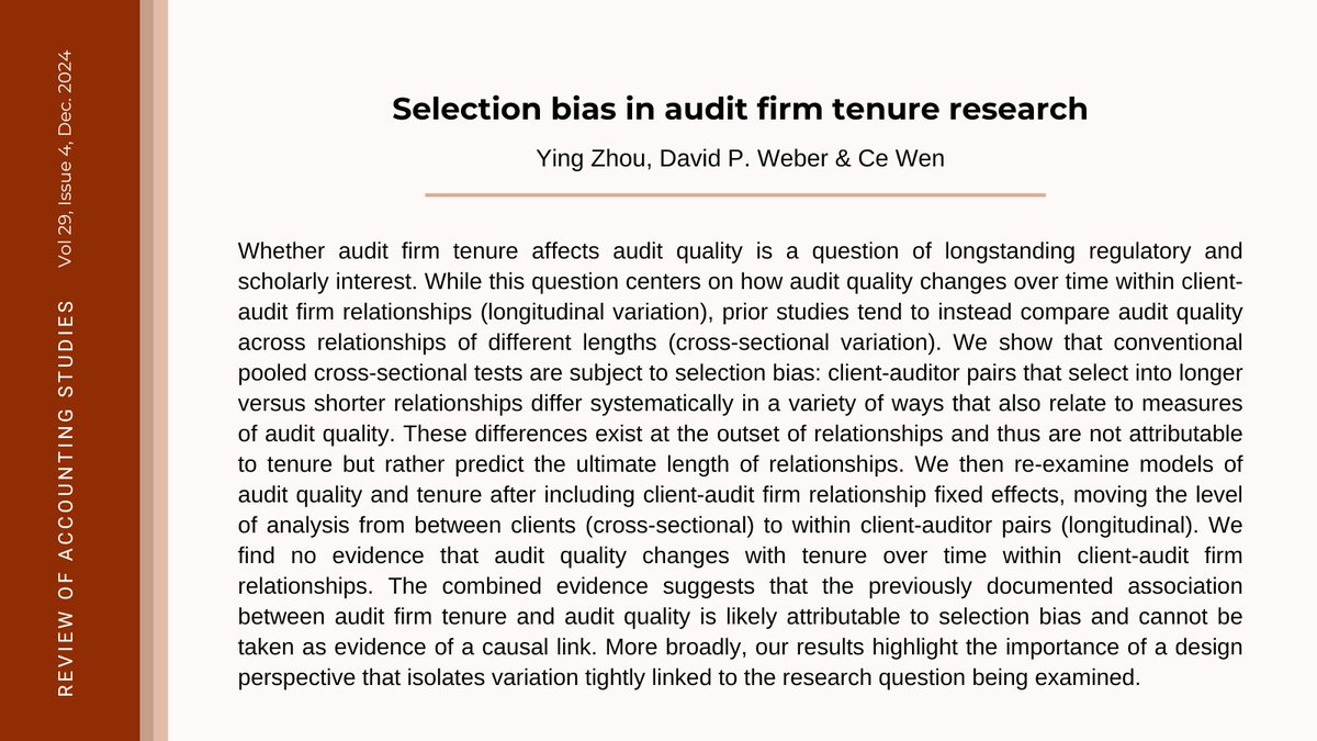 RastJournal's tweet image. Does longer audit firm tenure improve audit quality? Study finds no causal link, as prior results may reflect selection bias: client-auditor pairs differ from the start. Learn more: rdcu.be/d1rcL #DecemberIssue