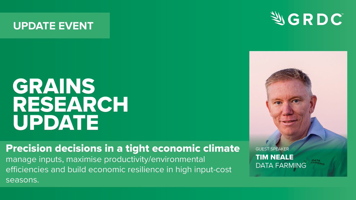 GRDC North (@grdcnorth) on Twitter photo Tim Neale <a href="/data_farming/">DataFarming</a> joins us at the #Corowa and #Goondi #GRDCUpdate looking at precision decisions in a tight economic climate. Come along to hear him.
Details:
Corowa: bit.ly/CorowaGRU25
Goondi: bit.ly/GoondiGRU25 Tim Neale <a href="/data_farming/">DataFarming</a> joins us at the #Corowa and #Goondi #GRDCUpdate looking at precision decisions in a tight economic climate. Come along to hear him.
Details:
Corowa: bit.ly/CorowaGRU25
Goondi: bit.ly/GoondiGRU25
