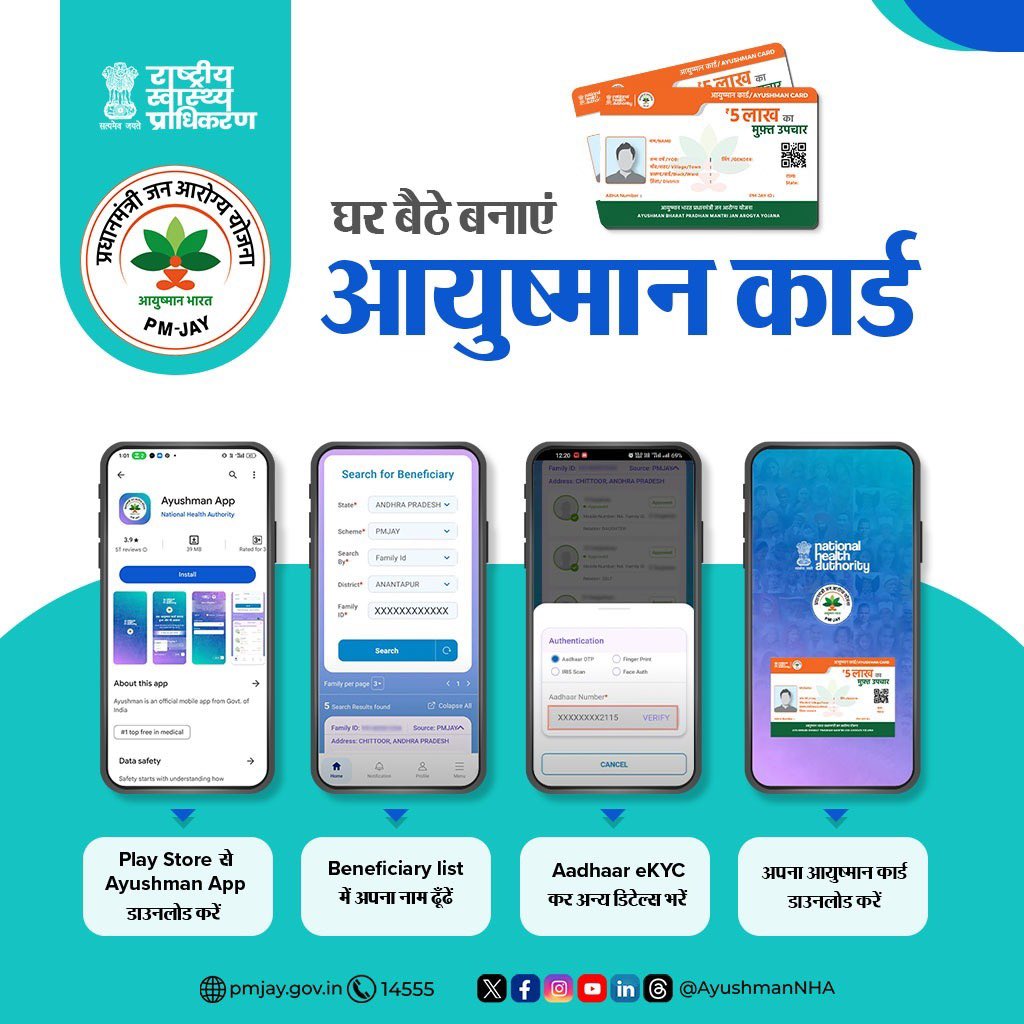 AyushmanNHA's tweet photo. ▶️ घर बैठे आयुष्मान कार्ड बनाने की पूरी प्रक्रिया जानने के लिए यह ट्यूटोरियल देखें:
https://t.co/Wgy9sEVuqG

▶️ नीचे दिए गए लिंक से गूगल प्ले स्टोर से आयुष्मान ऐप डाउनलोड करें:
https://t.co/wEVoMdkOCz

#AyushmanBharat #PMJAY #Vayvandanacard https://t.co/07FVBOMoUJ