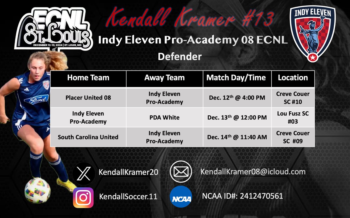 Kendall Kramer (@kendallkramer20) on Twitter photo I can't wait to compete this weekend in the ECNL St. Louis Showcase with my <a href="/IXIproacademy/">Indy Eleven Pro Academy</a> teammates! I can't wait to compete this weekend in the ECNL St. Louis Showcase with my <a href="/IXIproacademy/">Indy Eleven Pro Academy</a> teammates!