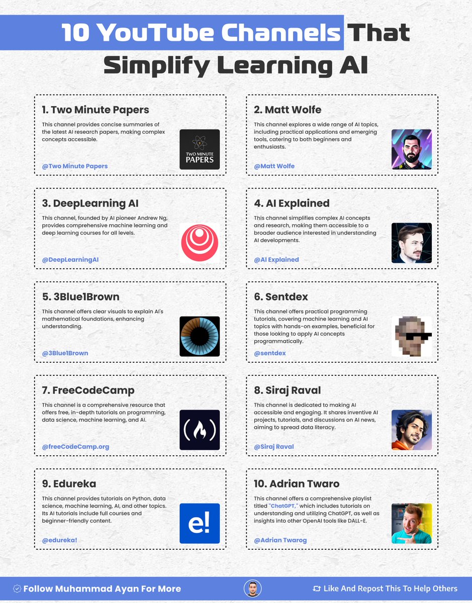 socialwithaayan's tweet photo. 10 Youtube channels to learn AI: https://t.co/vbynzVWzPB
