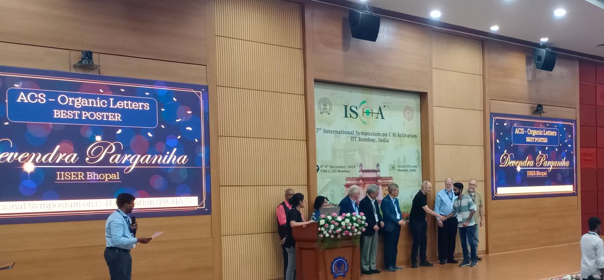 Organochalcogen Lab (@organochalcogen) on Twitter photo Congratulations to Devendra Parganiha ( <a href="/D2010205/">Devendra Parganiha 2010205</a> ) for winning the ACS Organic & Inorganic Au Best Poster Award at 7th International Symposium on C-H Activation <a href="/ischa2024/">ISCHA 2024</a> held in <a href="/iitbombay/">IIT Bombay</a> between 6-9th December, 2024.
<a href="/chm_iiserb/">Dept of Chemistry, IISER Bhopal</a> <a href="/iiserbhopal/">IISER Bhopal</a> <a href="/SangitK35711415/">Sangit Kumar</a> <a href="/LibraryIISERB/">Central Library IISER Bhopal</a> Congratulations to Devendra Parganiha ( <a href="/D2010205/">Devendra Parganiha 2010205</a> ) for winning the ACS Organic & Inorganic Au Best Poster Award at 7th International Symposium on C-H Activation <a href="/ischa2024/">ISCHA 2024</a> held in <a href="/iitbombay/">IIT Bombay</a> between 6-9th December, 2024.
<a href="/chm_iiserb/">Dept of Chemistry, IISER Bhopal</a> <a href="/iiserbhopal/">IISER Bhopal</a> <a href="/SangitK35711415/">Sangit Kumar</a> <a href="/LibraryIISERB/">Central Library IISER Bhopal</a>