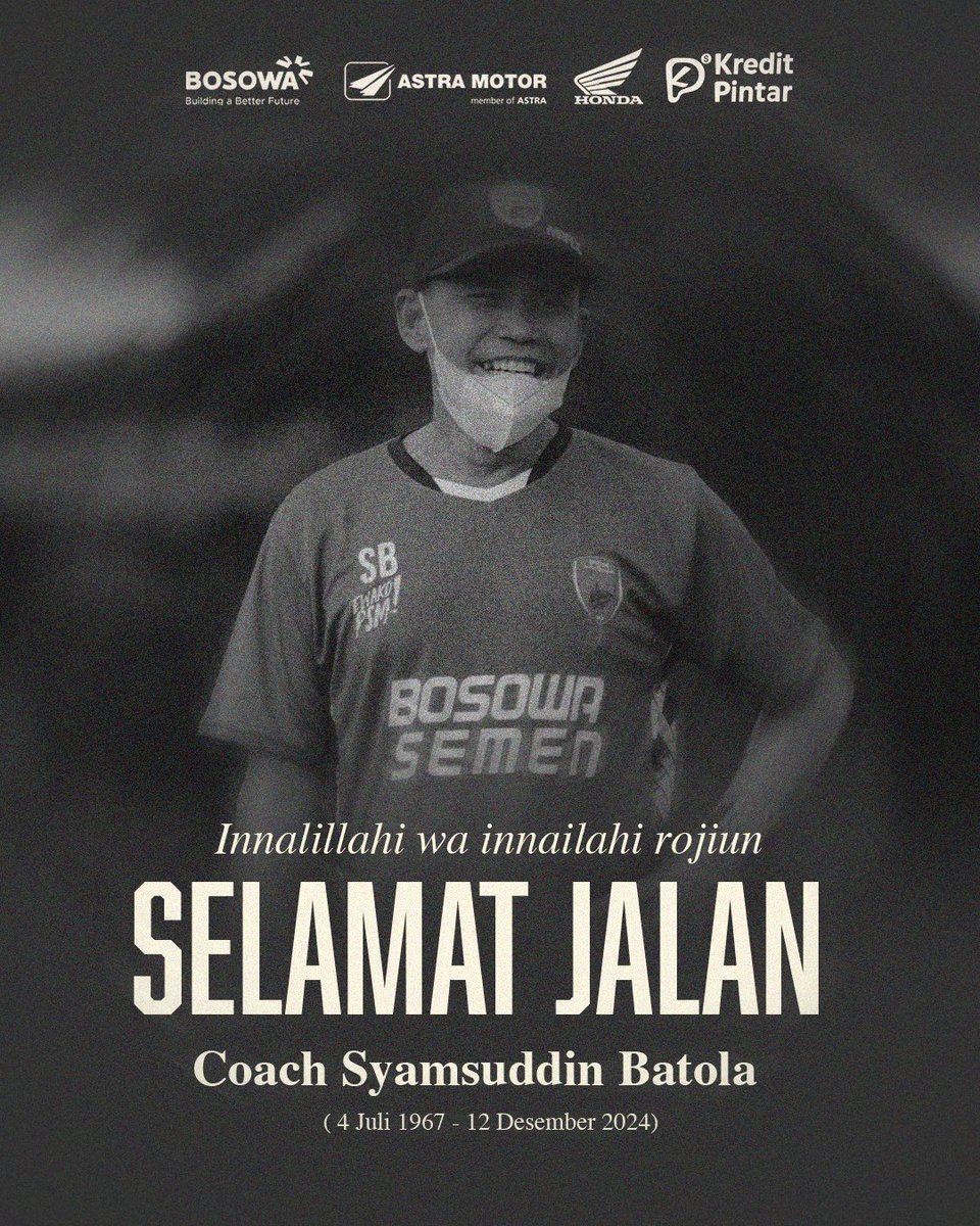 Innalillahi wa innailaihi rojiun 🤲

Kabar duka menyelimuti keluarga PSM Makassar 🥀

Direktur Akademi PSM Makassar, H. Syamsuddin Batolla meninggal dunia pagi ini akibat kecelakaan lalu lintas di tol Pasuruan-Probolinggo.