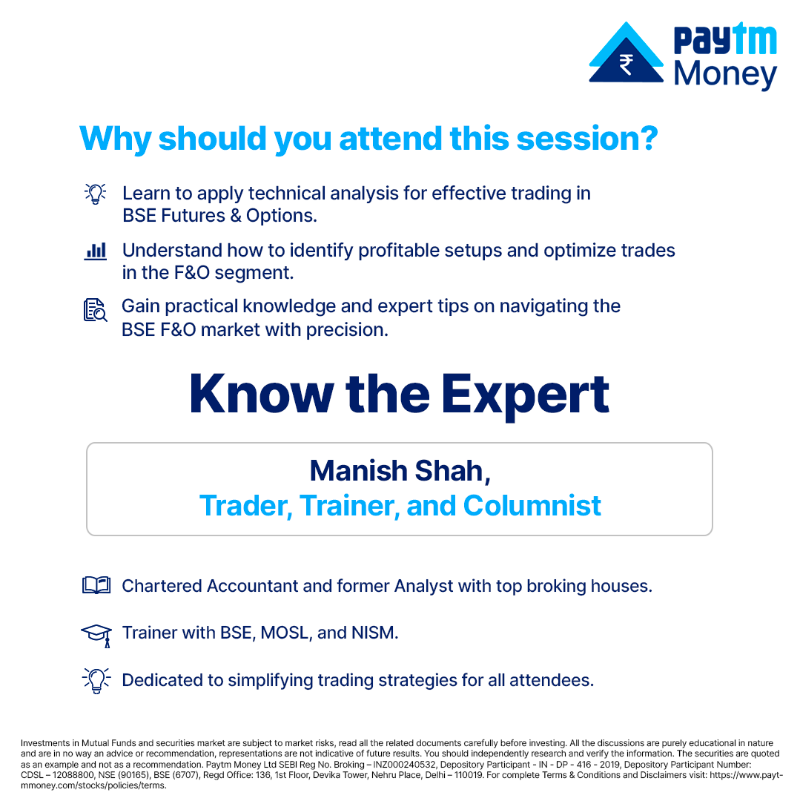 PaytmMoney's tweet photo. Learn all about the technicals of trading in BSE F&amp;O with Manish Shah, Trader, Trainer, and Columnist as he shares essential strategies &amp; insights in our live session.

🗓️- 13th December, Tomorrow
⏰- 12:30 PM

#LearnWithPaytmMoney #PaytmMoney #BSEFnO #FuturesandOptions #BSE