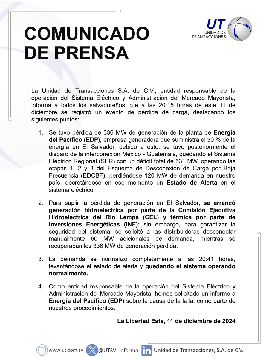 ¡IMPORTANTE! 🚨

Informamos a todos los salvadoreños sobre el evento de pérdida de carga, ocurrido hoy a las 20:15 horas en nuestro país.

En este comunicado de prensa te damos más detalles. 👇🏻
